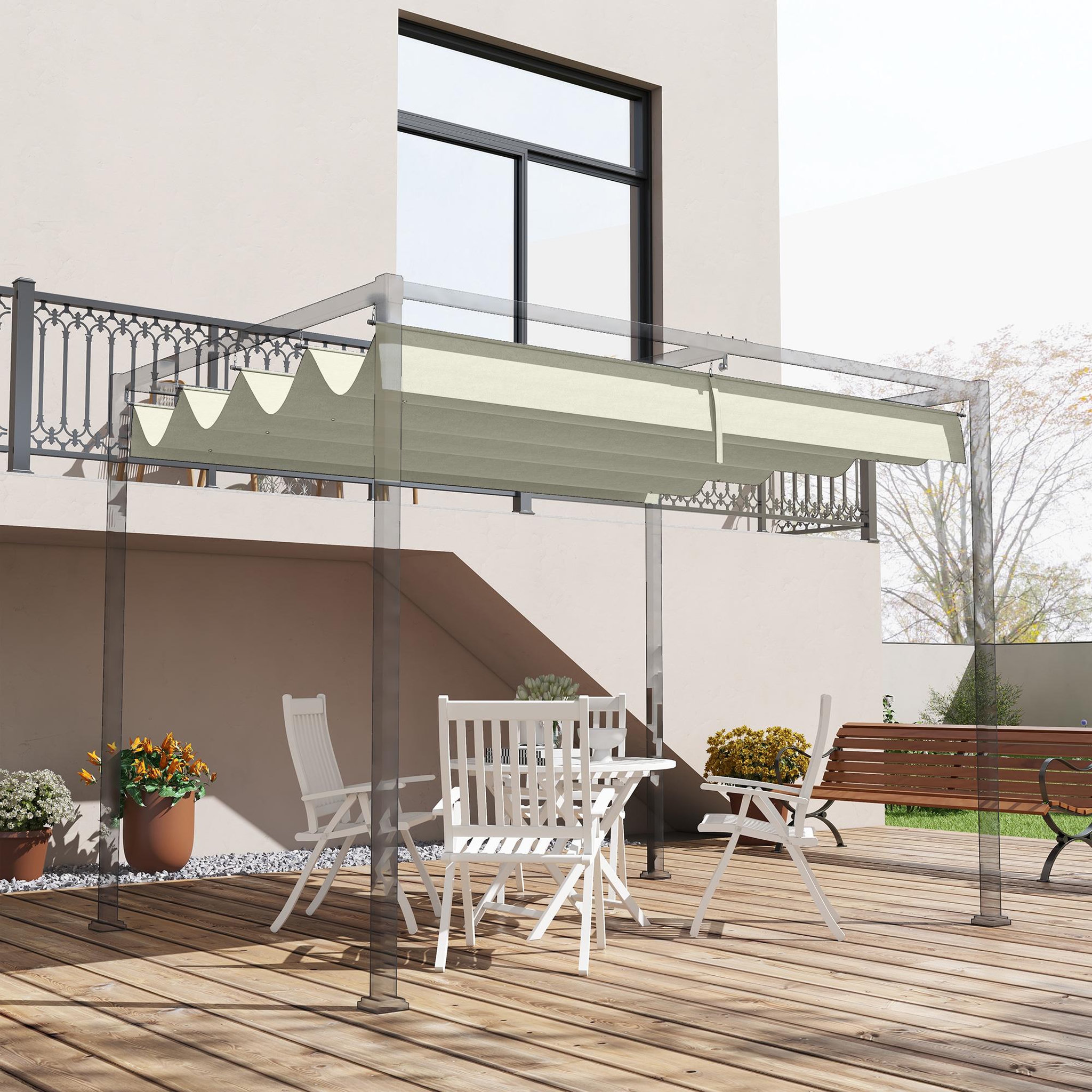 Voir la diapositive 2 : OUTSUNNY Toile de rechange pour pergola rétractable 3 x 2,15 m polyester haute densité 180 g/m² anti-UV30+ crème