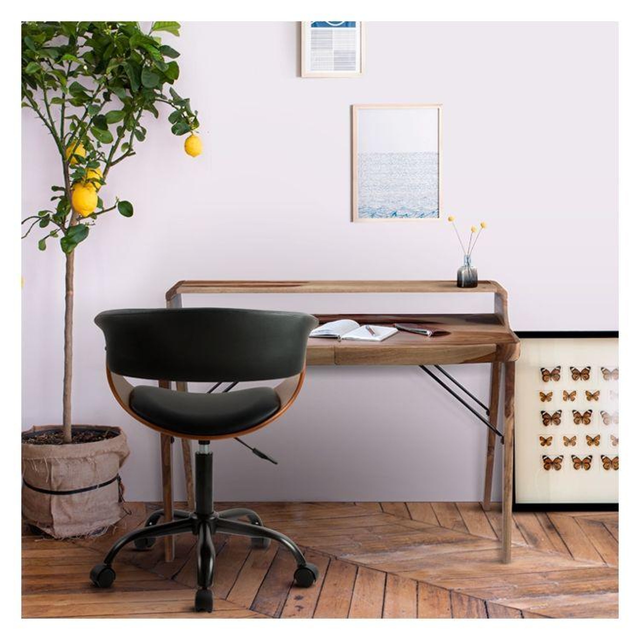 Voir la diapositive 5 : MAISON PAVANE Chaise de bureau pivotante sur roulettes en bois et PU noir-Basile