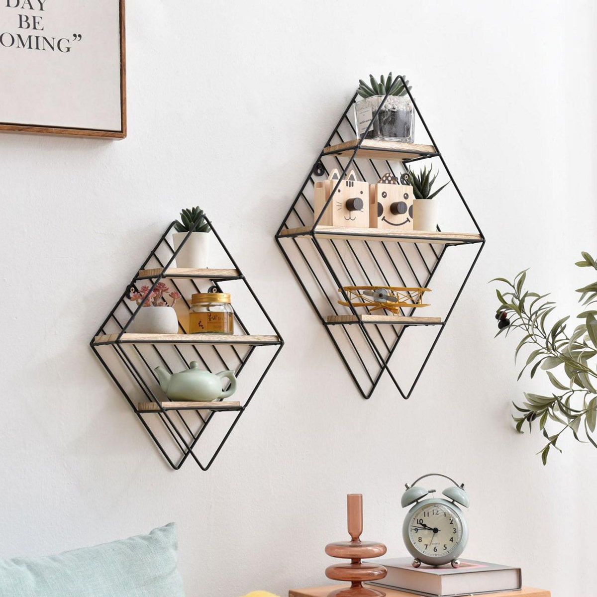 VS VENTA-STOCK Set de 2 étagères murales Diamante en métal noir et bois de paulownia