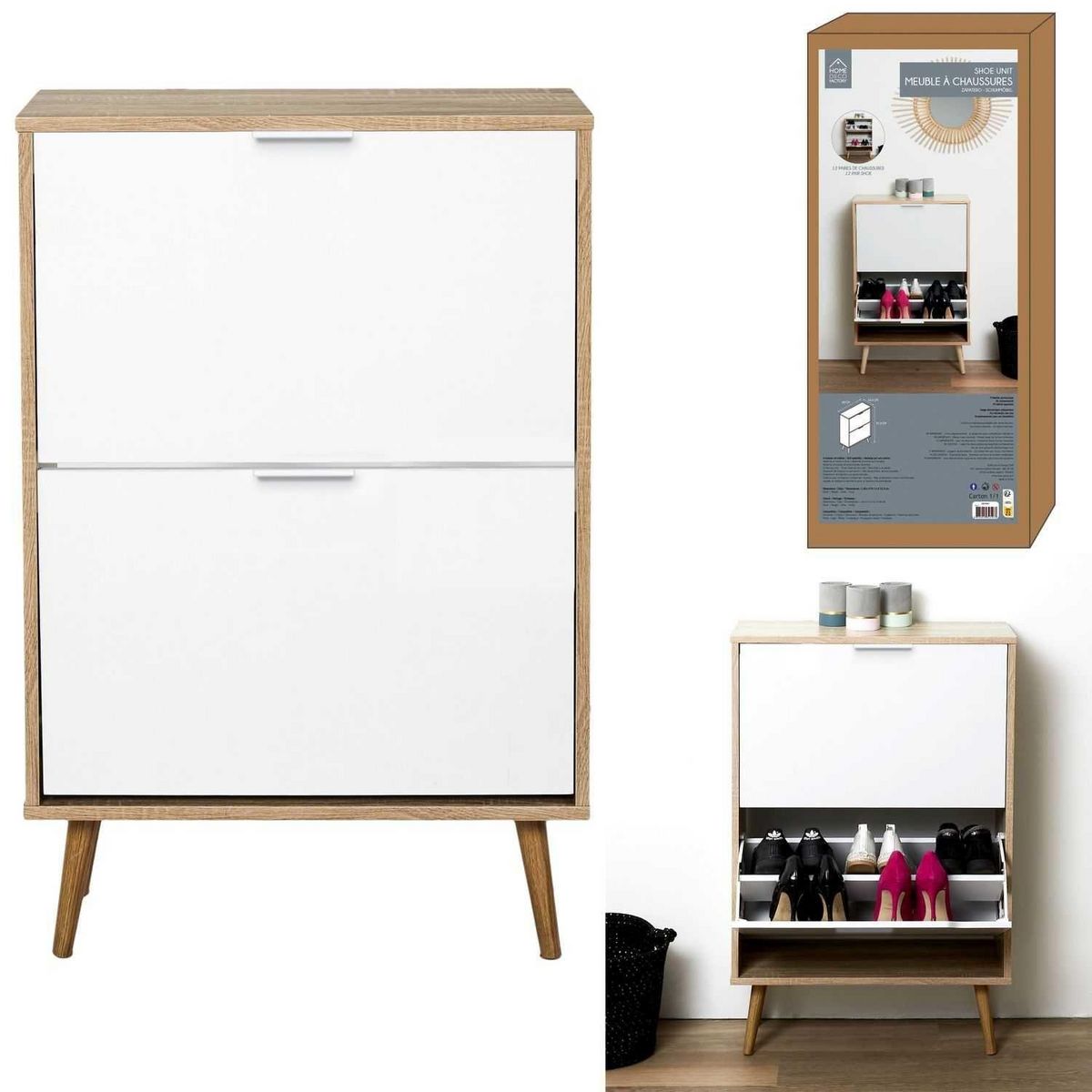TOILINUX Meuble à chaussures avec 2 portes - Blanc et Bois