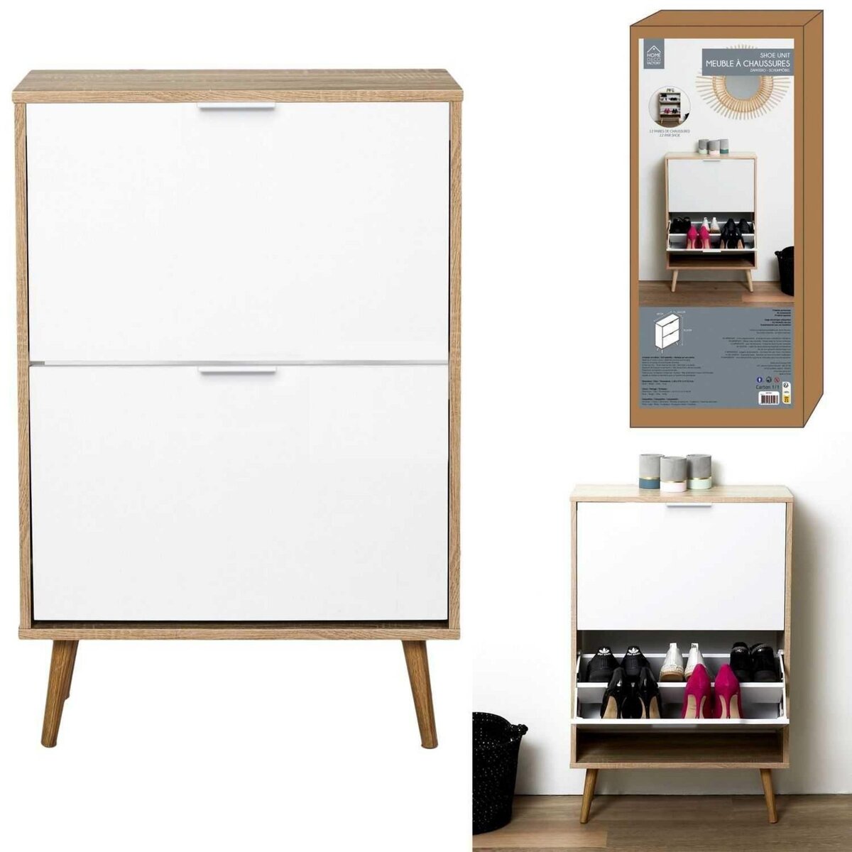 TOILINUX Meuble à chaussures avec 2 portes - Blanc et Bois