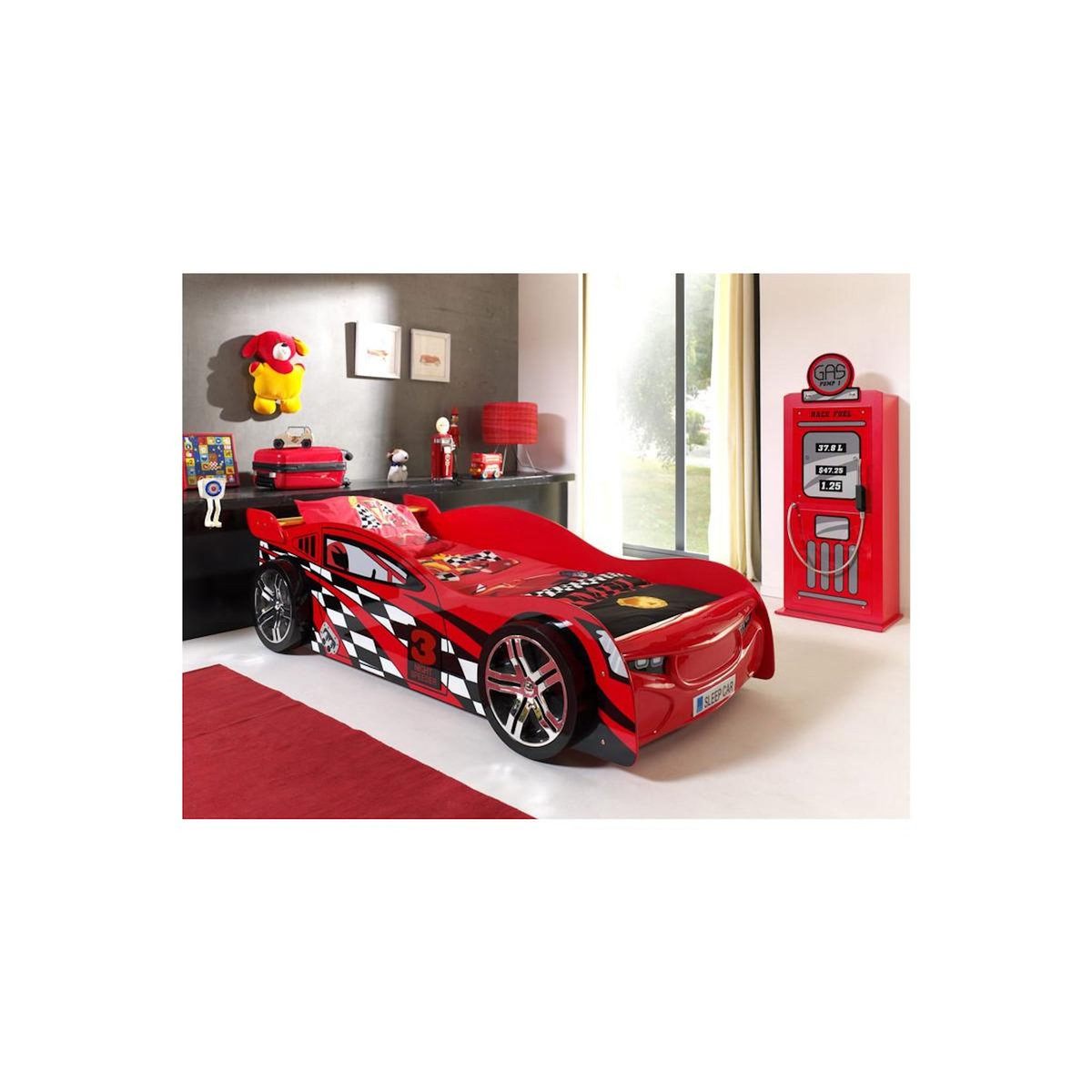 Paris Prix Pack - Lit Enfant Voiture  Night Speeder  & Armoire 1 Porte  Pompe à Essence  Rouge