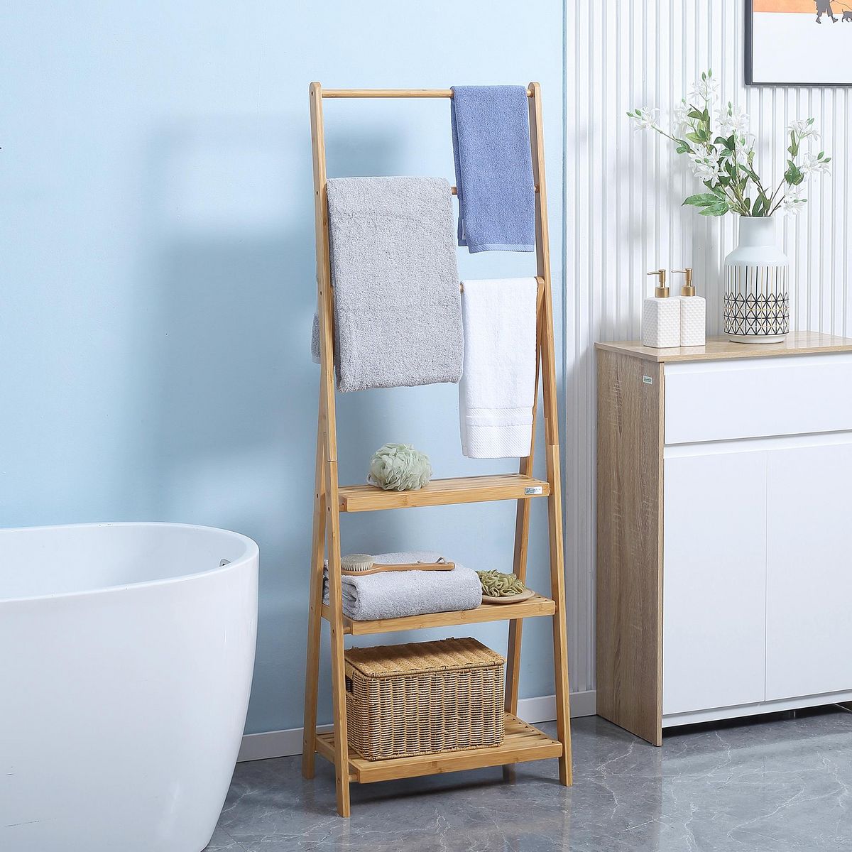 KLEANKIN Porte-serviette pliable autoportant - 3 barres, 3 étagères - dim. 53 x 30 x 152 cm - bois bambou