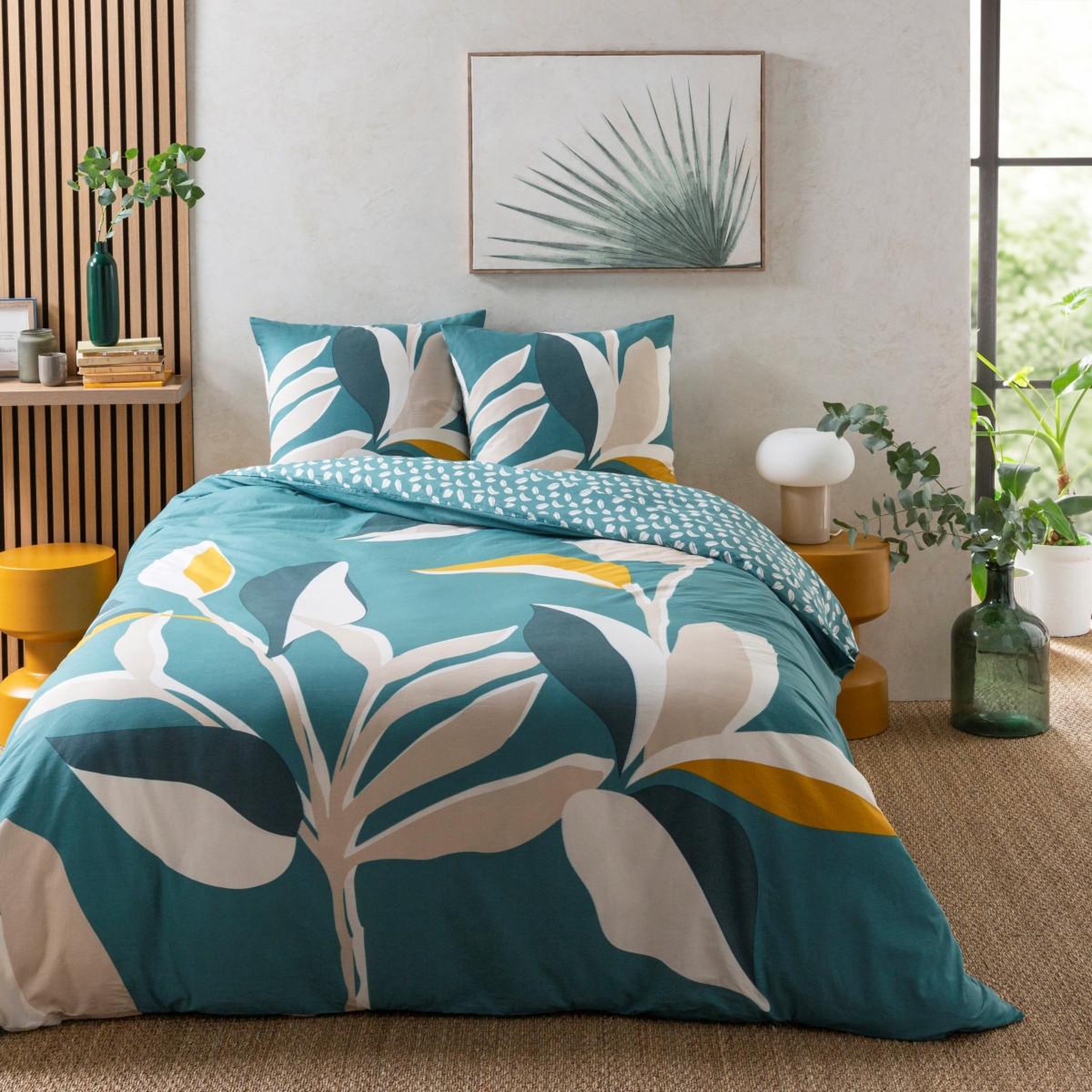 Voir la diapositive 1 : FUTURE HOME Parure de lit 2 personnes tropical réversible feuilles