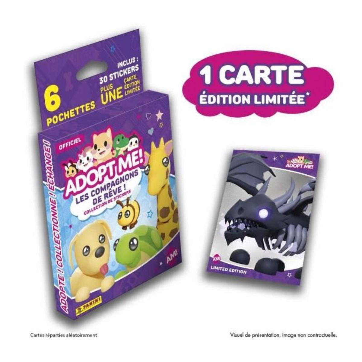 Panini Stickers - PANINI - Adopt Me! Roblox - Blister 6 pochettes - 1 carte édition limitée - 35 stickers