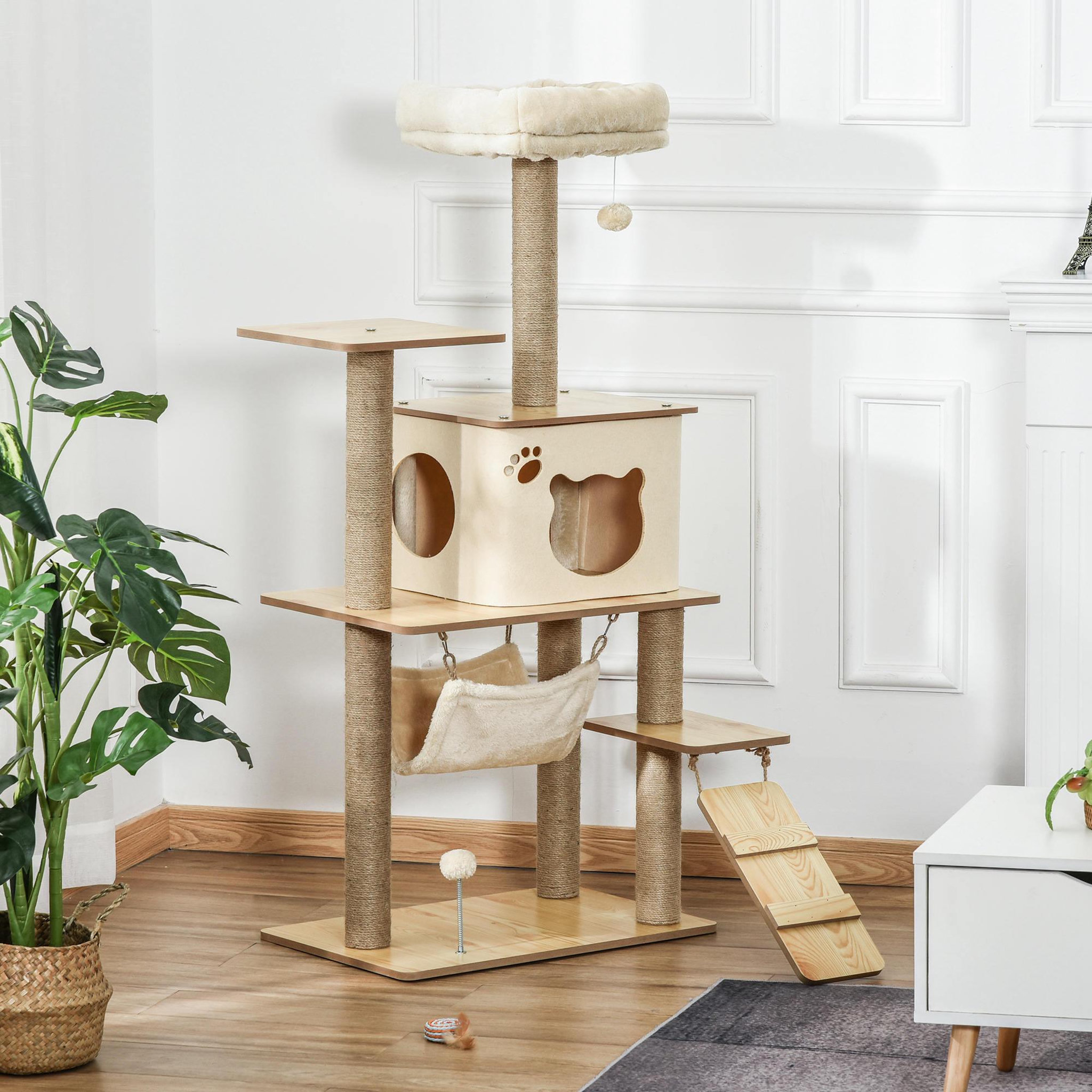 Voir la diapositive 2 : PAWHUT Arbre à chat design effet bois naturel h.130cm nombreux équipements jouets