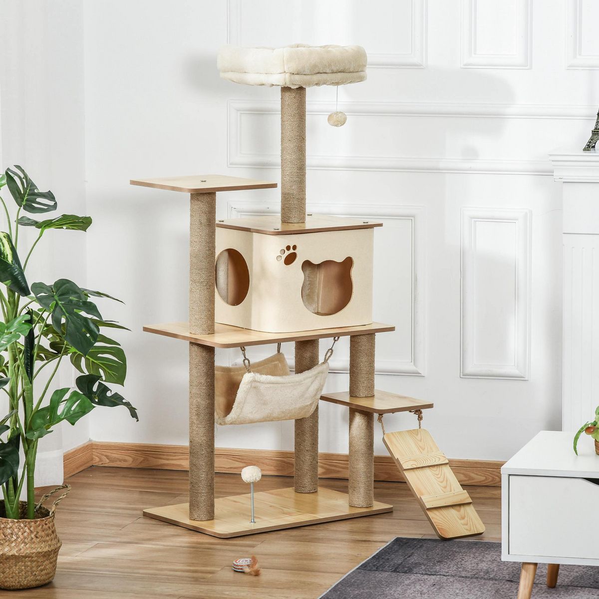 PAWHUT Arbre à chat design effet bois naturel H.130cm nombreux équipements jouets