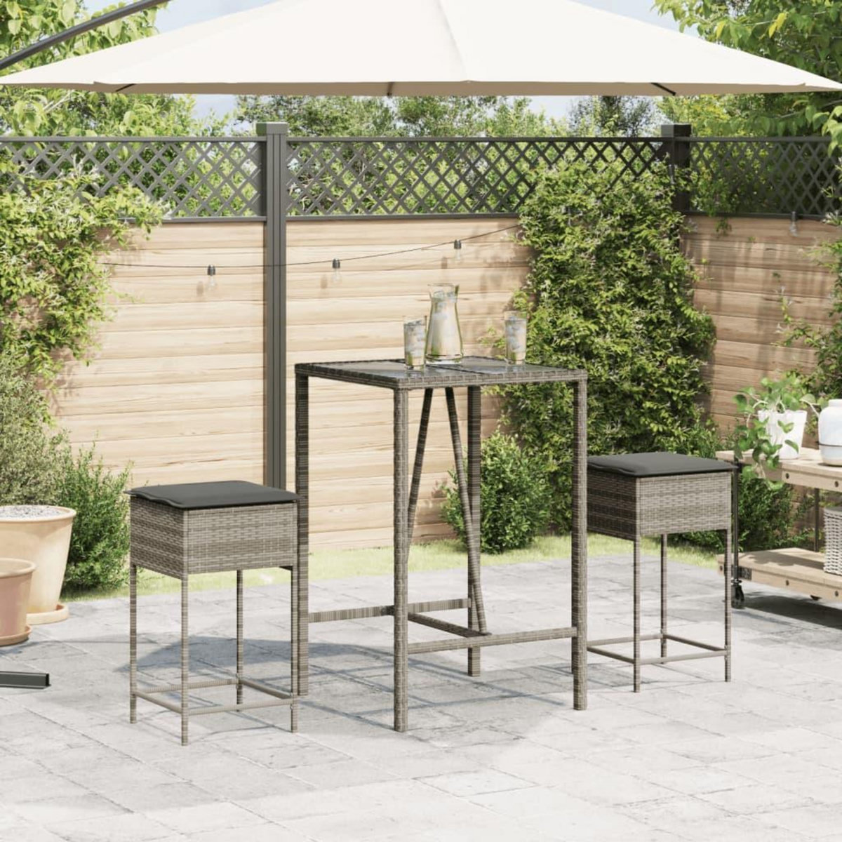 VIDAXL Tabourets de bar jardin coussins lot de 2 gris resine tressee