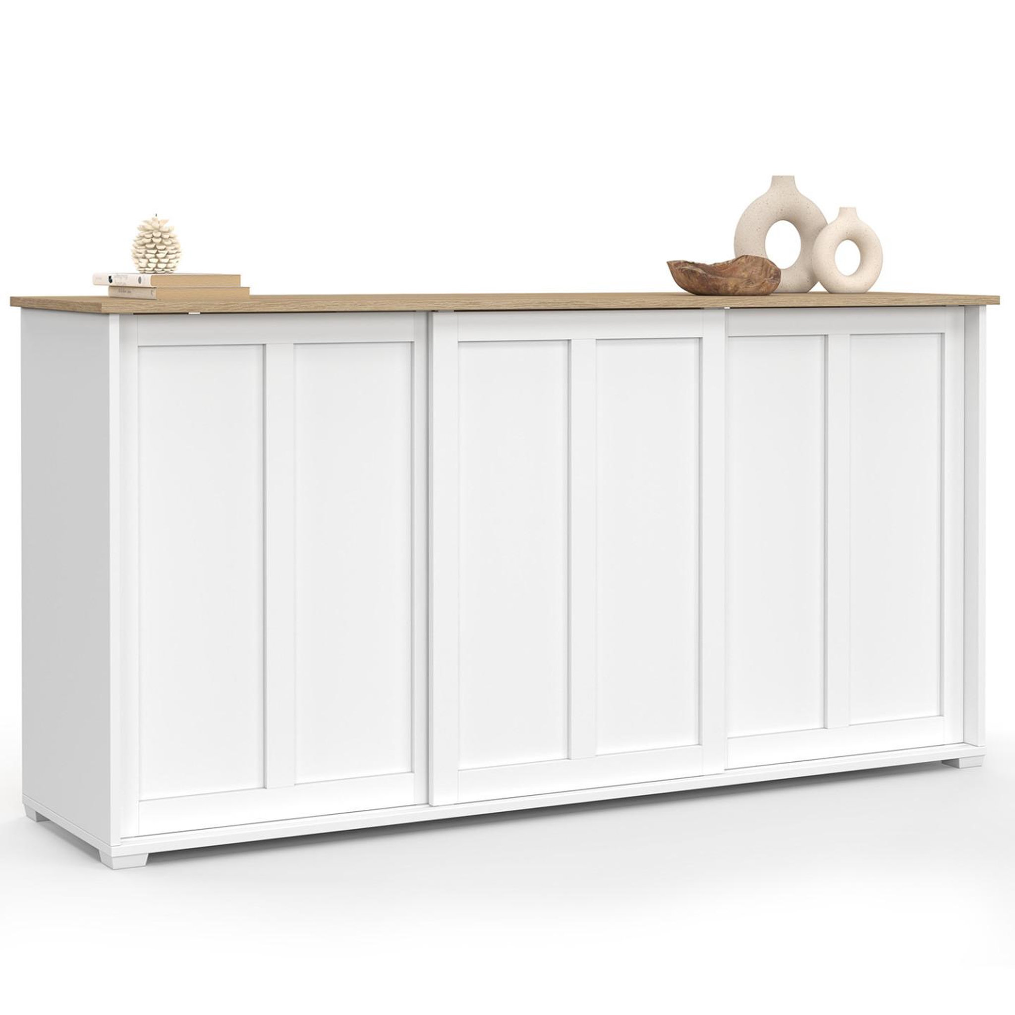 Voir la diapositive 4 : ID MARKET Buffet 160 cm JANGO 3 portes coulissantes blanc et plateau bois