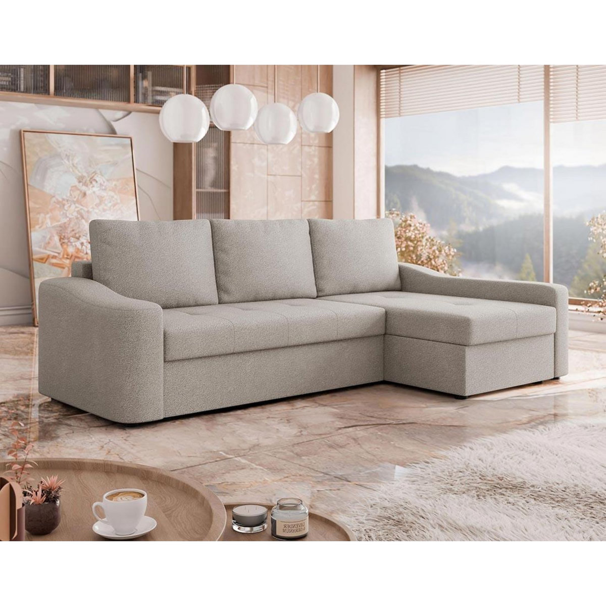 BEST MOBILIER Claudia - canapé d'angle droit 4 places convertible avec coffre en tissu texturé