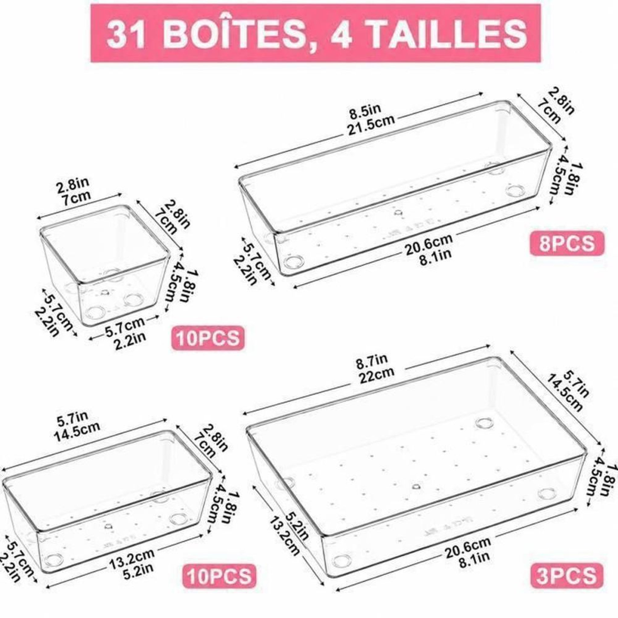 Voir la diapositive 2 : Set d'organisateurs de tiroir 31 pièces plastique transparent empilables, 4 tailles modulables