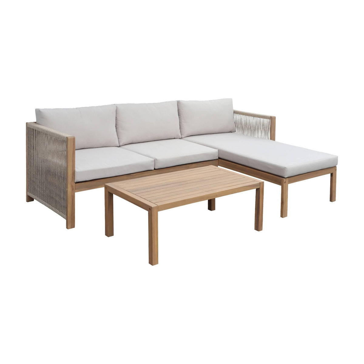 SWEEEK Salon de jardin d'angle bois d'acacia. corde et polyester 3 places table rectangulaire naturel et beige
