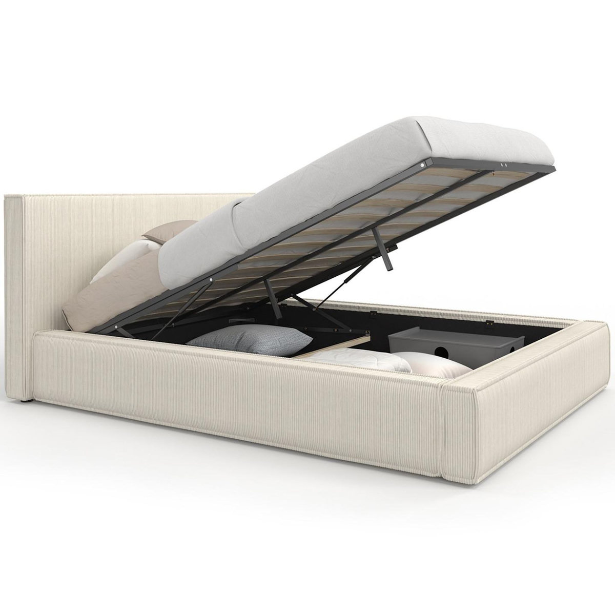 ID MARKET Lit coffre double JADE avec sommier 140 x 190 cm velours côtelé beige