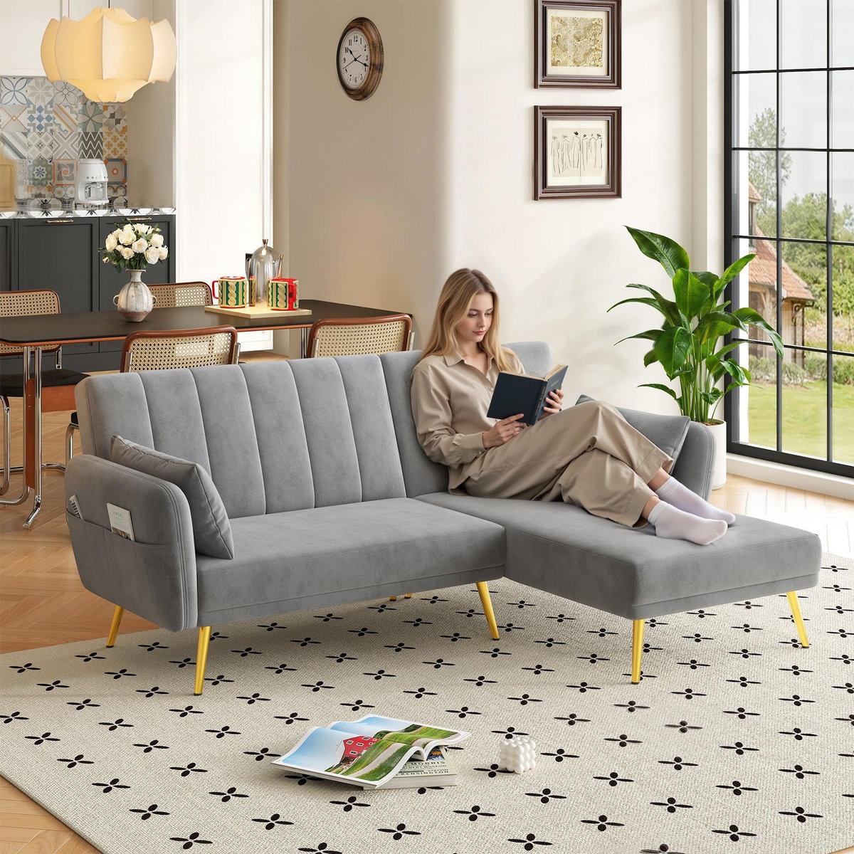 MERAX Canapé d'angle réversible convertible 3 pl velours