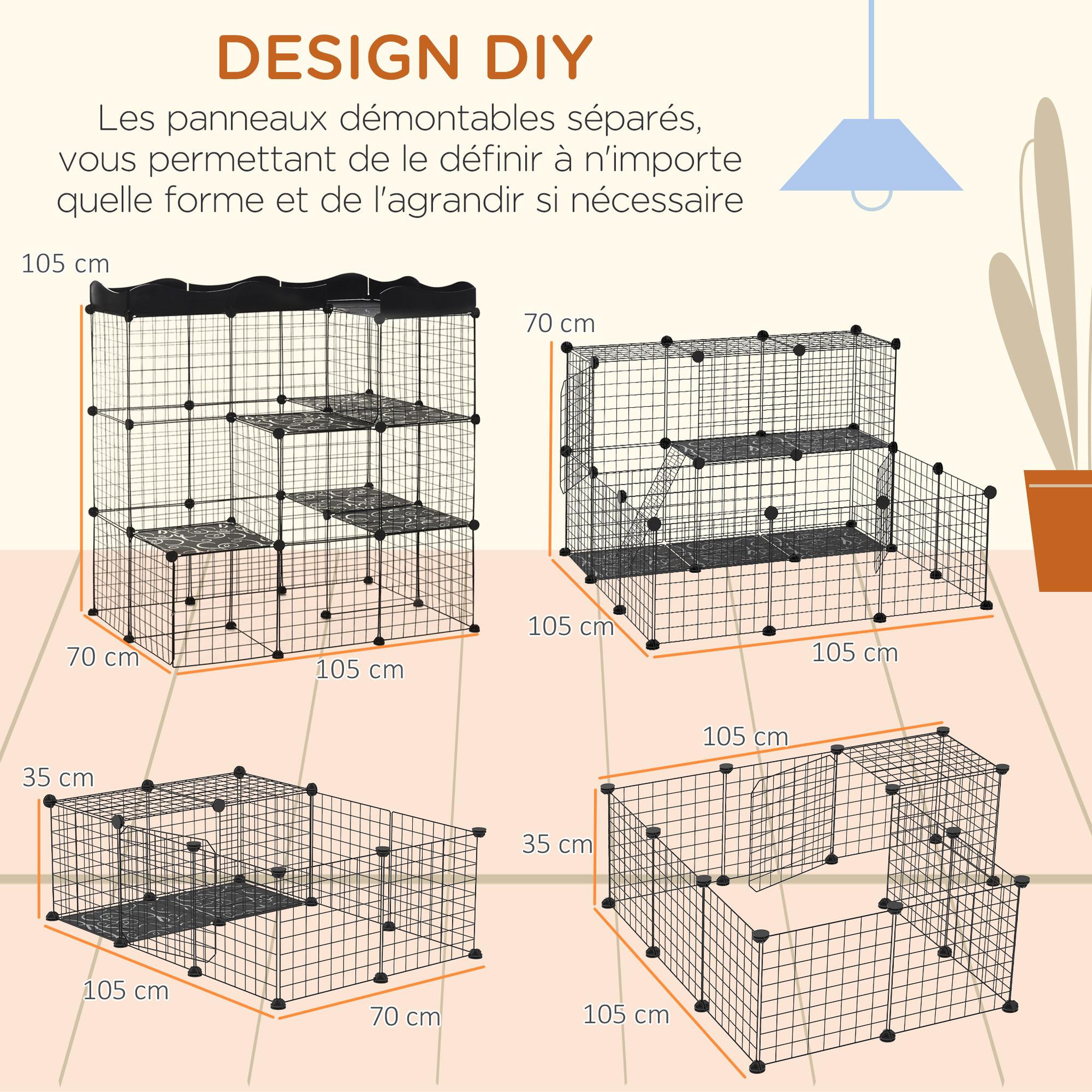Voir la diapositive 4 : PAWHUT Cage parc enclos chat modulable dim. L105 x l70 x h105 cm 3 niveaux 2 portes rampe plateformes pe motif graphique fil métallique noir
