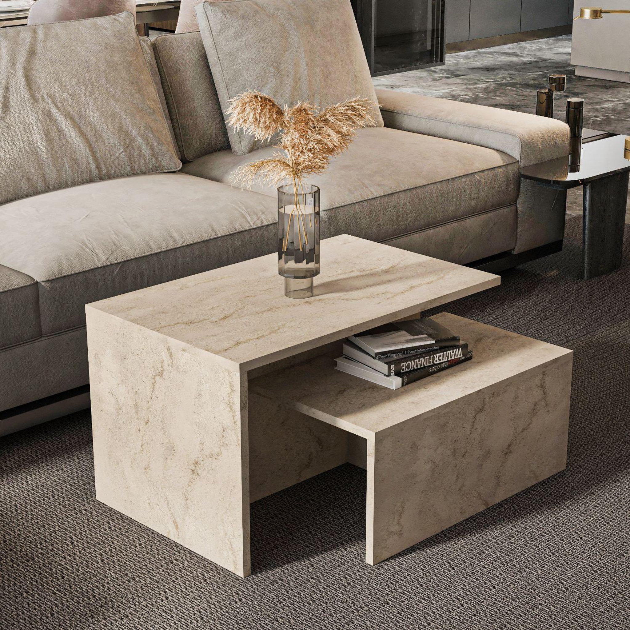 Voir la diapositive 2 : Habitat et Jardin Table gigogne (2 pièces) en bois  twins  72 x 45 x 42 cm - travertin