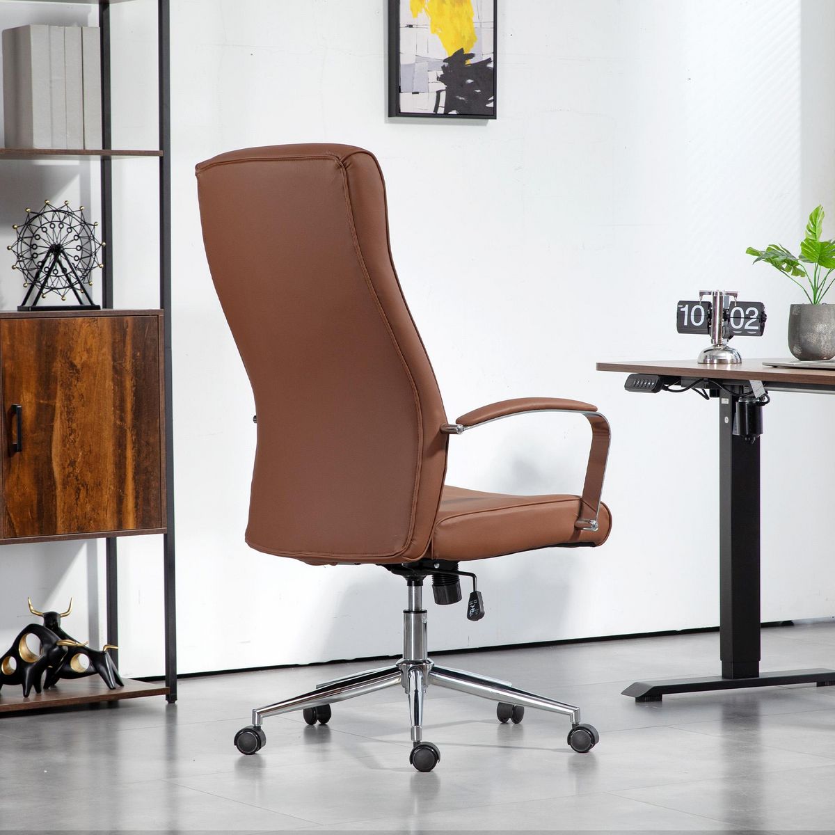HOMCOM Chaise de bureau direction ergonomique réglable métal chromé synthétique marron
