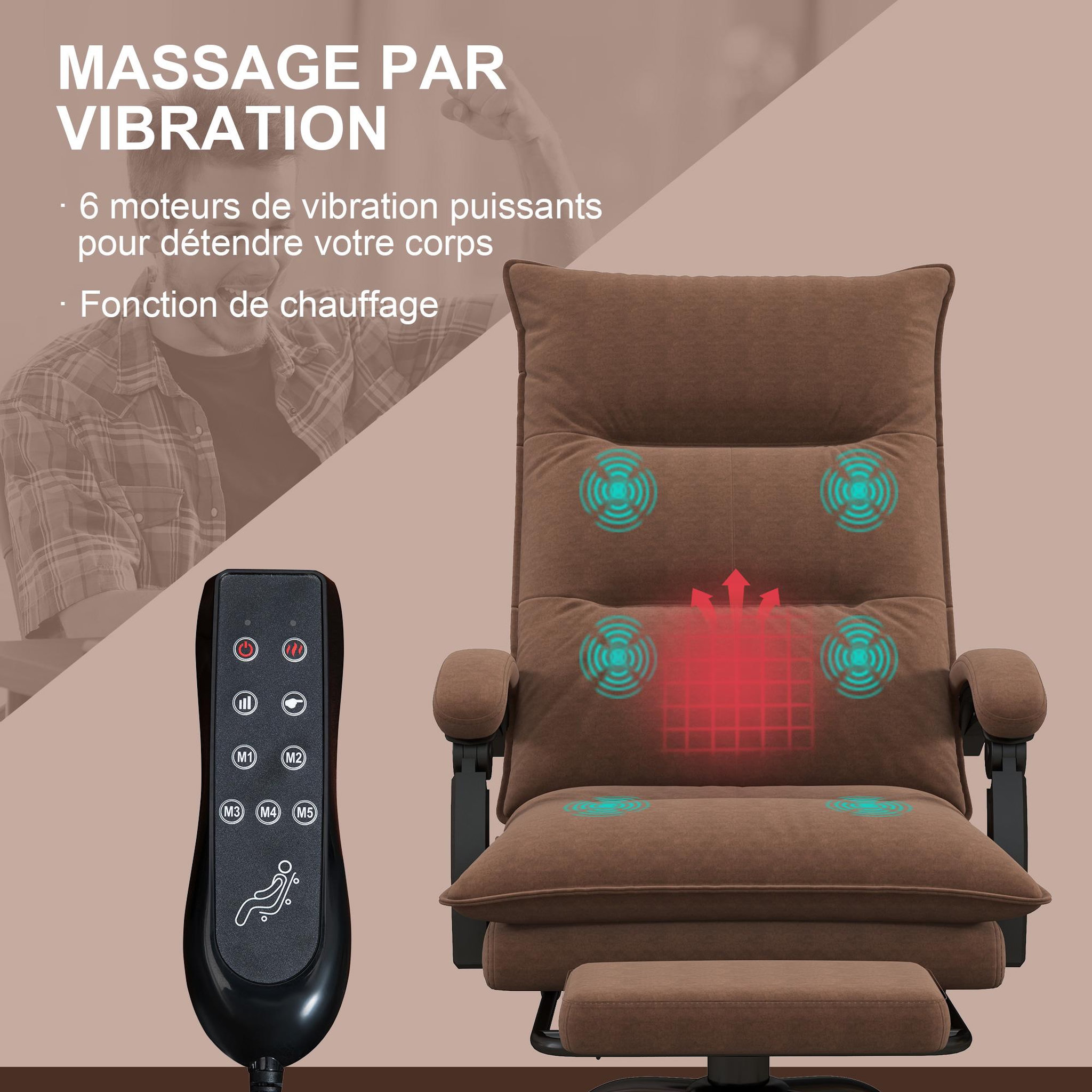 Voir la diapositive 6 : VINSETTO Fauteuil de bureau massant chauffant inclinable réglable repose-pieds rétractable microfibre marron