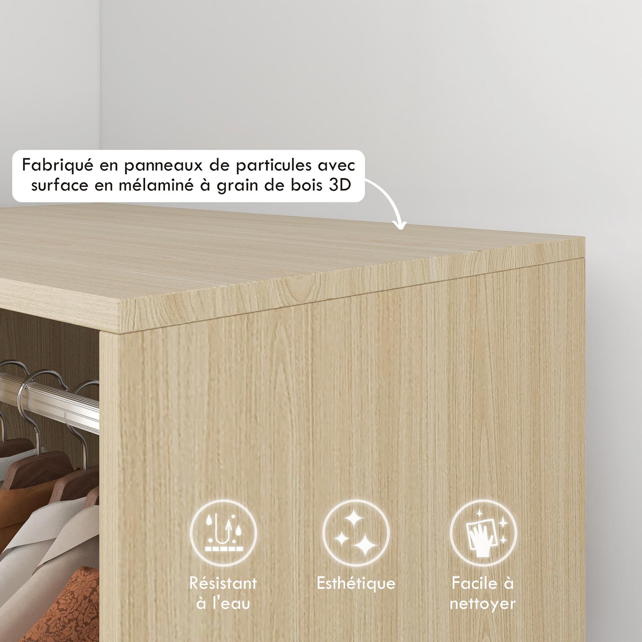 Voir la diapositive 4 : HOMCOM Armoire penderie étagère 2 niches penderie 4 roulettes pivotantes dim. 60L x 40l x 128H cm coloris chêne clair