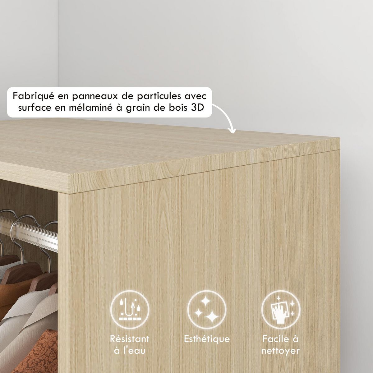 HOMCOM Armoire penderie étagère 2 niches penderie 4 roulettes pivotantes dim. 60L x 40l x 128H cm coloris chêne clair