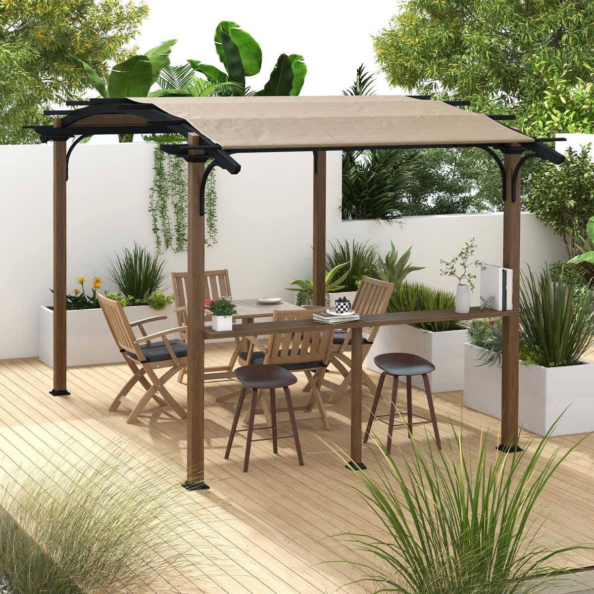 OUTSUNNY Pergola avec comptoir toit arche alu acier aspect bois noir toile grège
