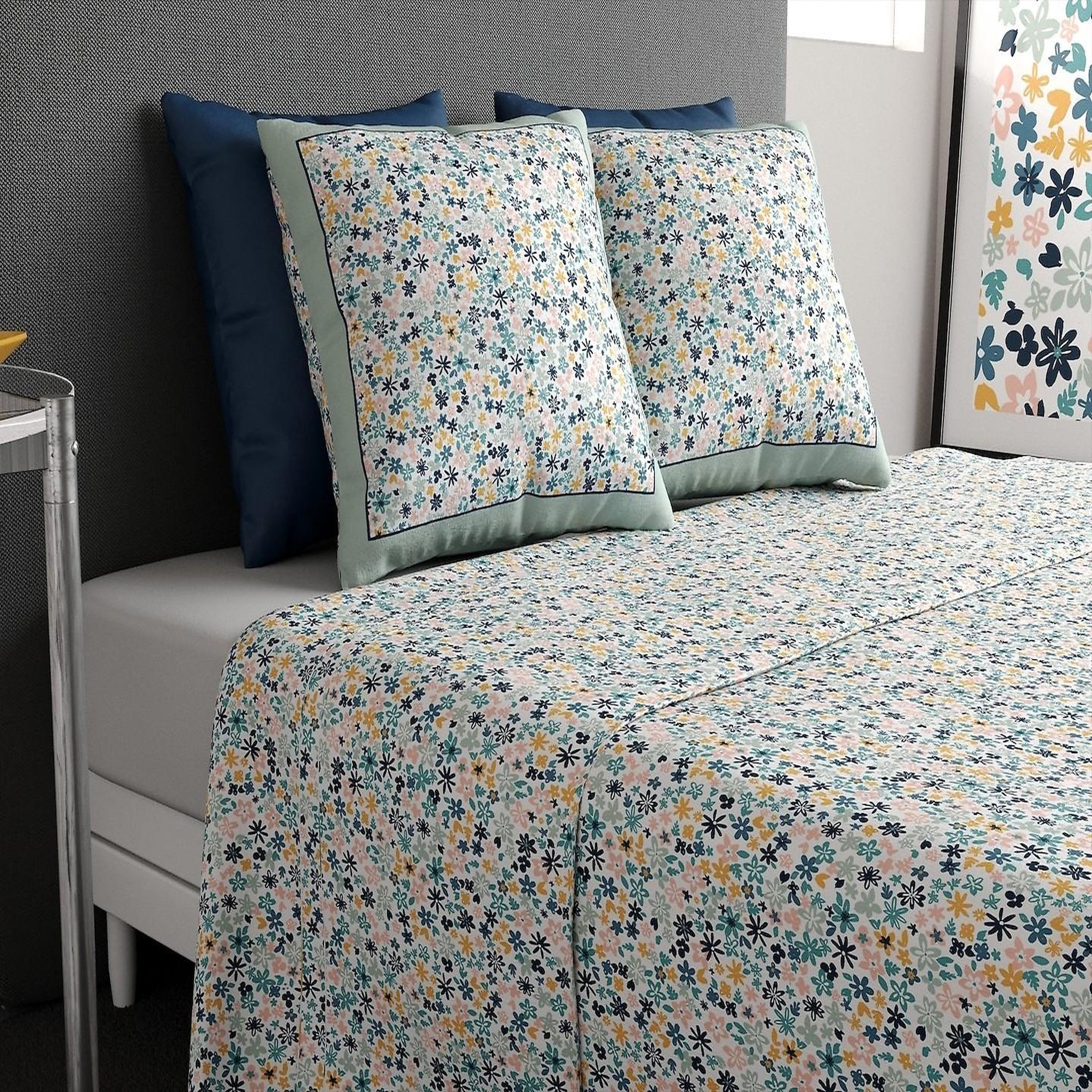 ATELIER DU COTON Parure de drap 100% coton 57fils mani. Coloris disponibles : Bleu