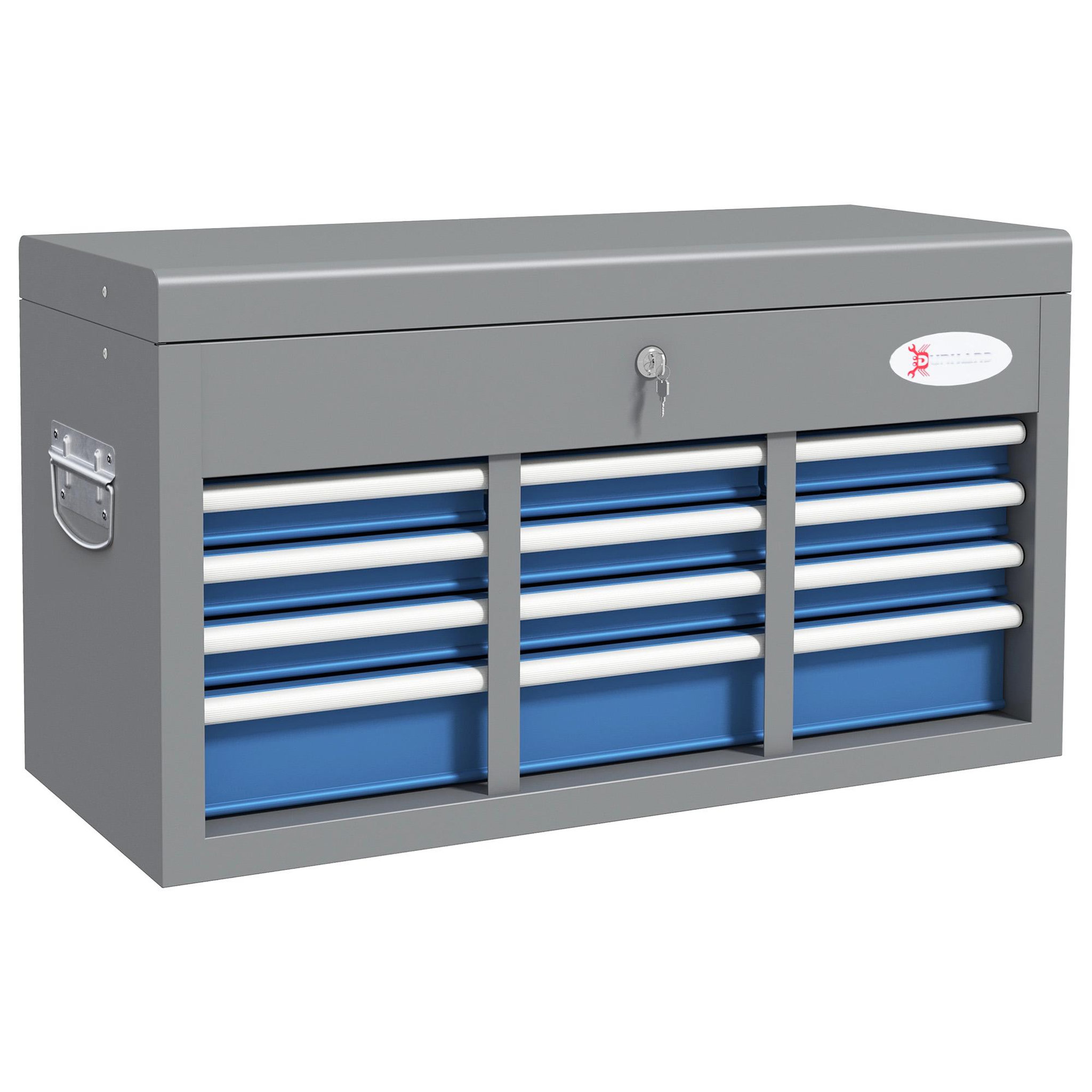 Voir la diapositive 1 : HOMCOM Boite à outils métallique caisse à outils - 6 tiroirs + plateau verrouillables - tapis eva poignées tôle acier gris bleu