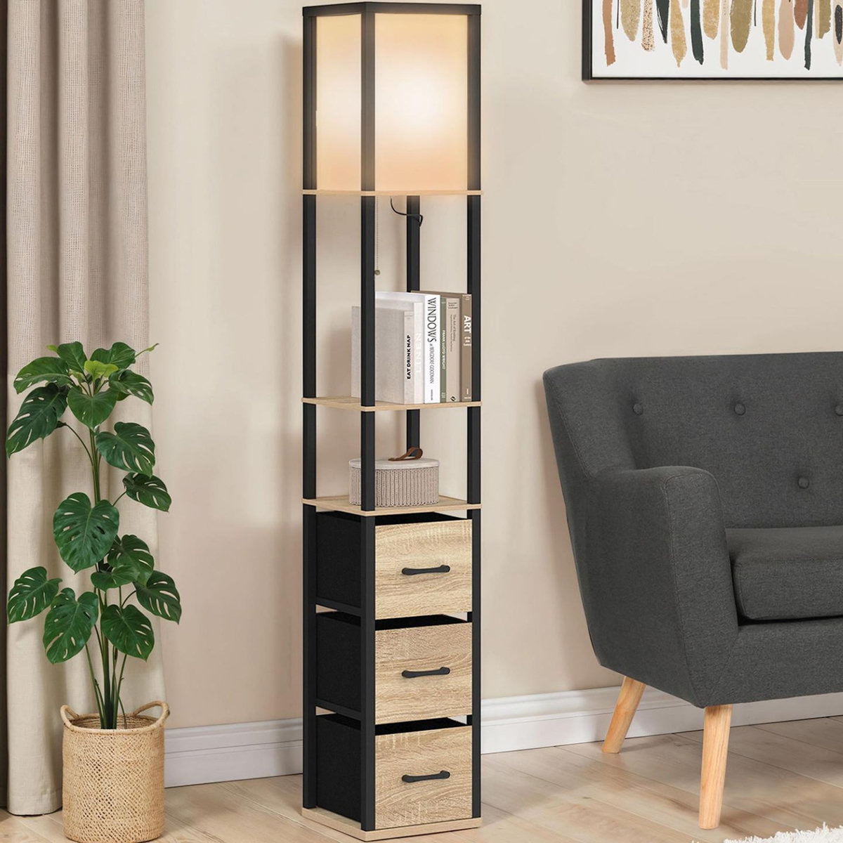 ID MARKET Lampadaire industriel en bois noir avec étagères bois clair 3 tiroirs tissu UTAH et abat-jour carré blanc