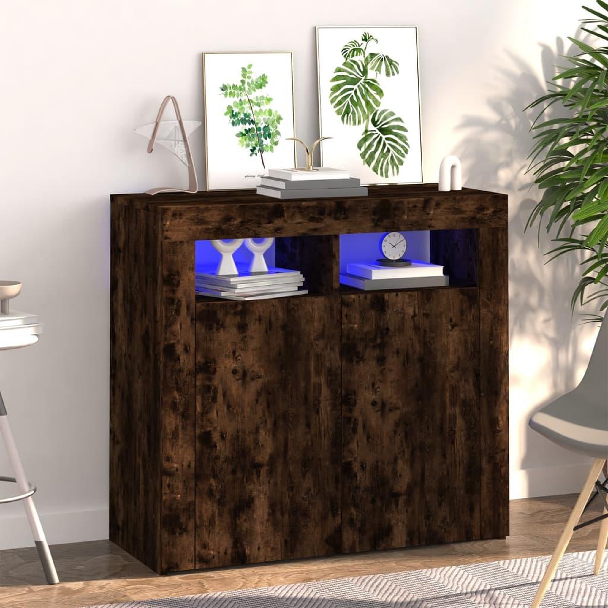 Voir la diapositive 1 : VIDAXL Buffet avec lumieres LED chene fume 80x35x75 cm