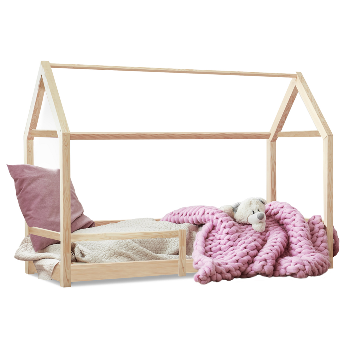ID MARKET Lit cabane enfant 90 x 190 CM NESSI bois avec sommier et barrières