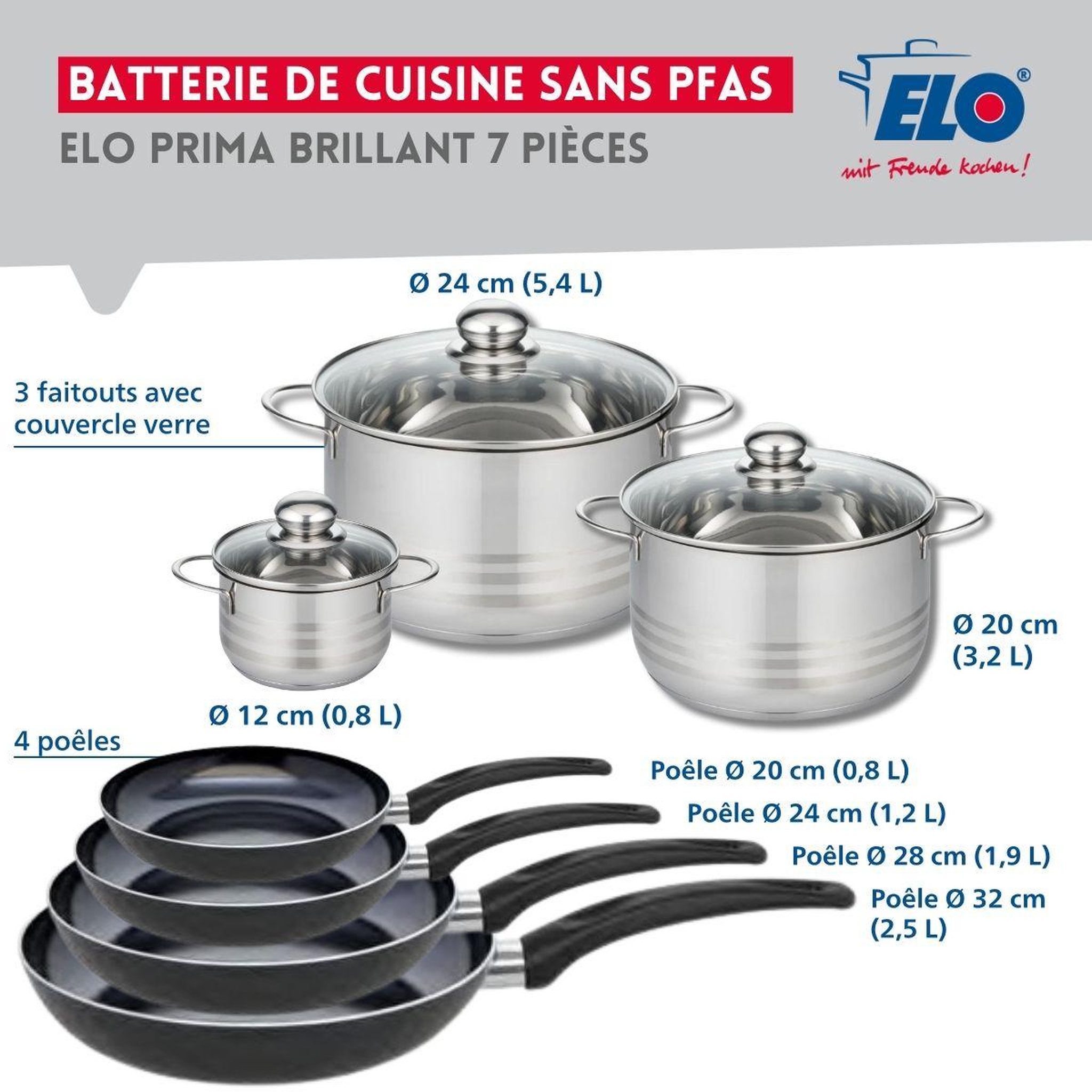 Voir la diapositive 2 : ELO Ensemble de 4 poêles de cuisson 20, 24, 28 et 32 cm et 3 faitouts 12, 20 et 24 cm elo prima brillant