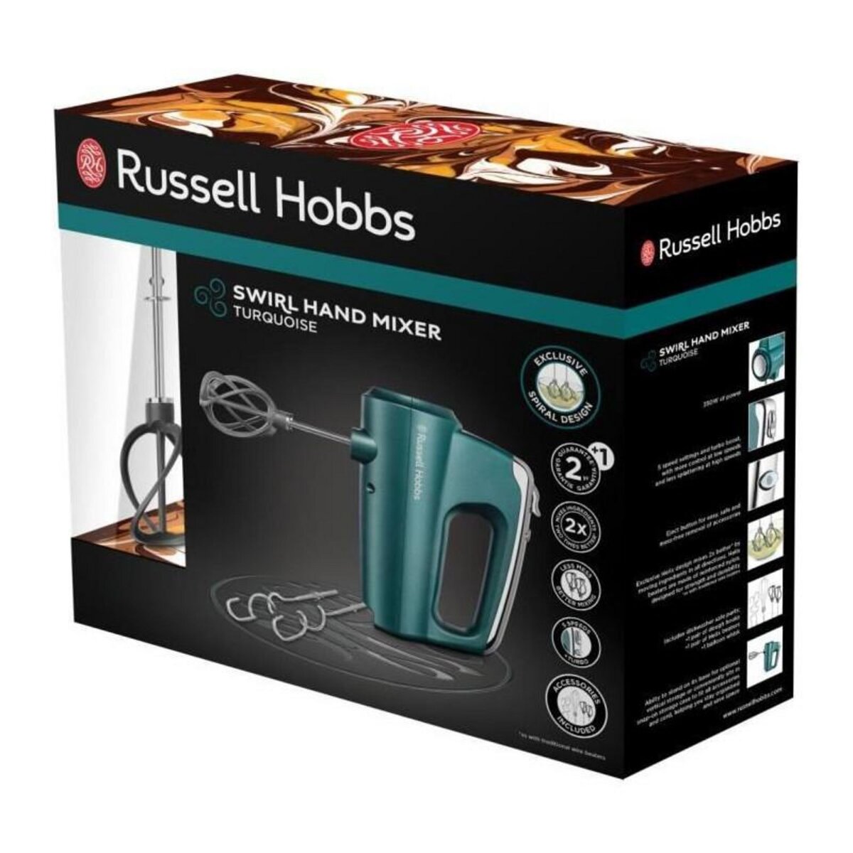 Russell Hobbs Russell Hobbs 25891-56 Batteur Mixeur Swirl, 5 Vitesses, Fonction Turbo, 1 Paire de Batteurs Hélice, Pétrin, Fouets - Turquois