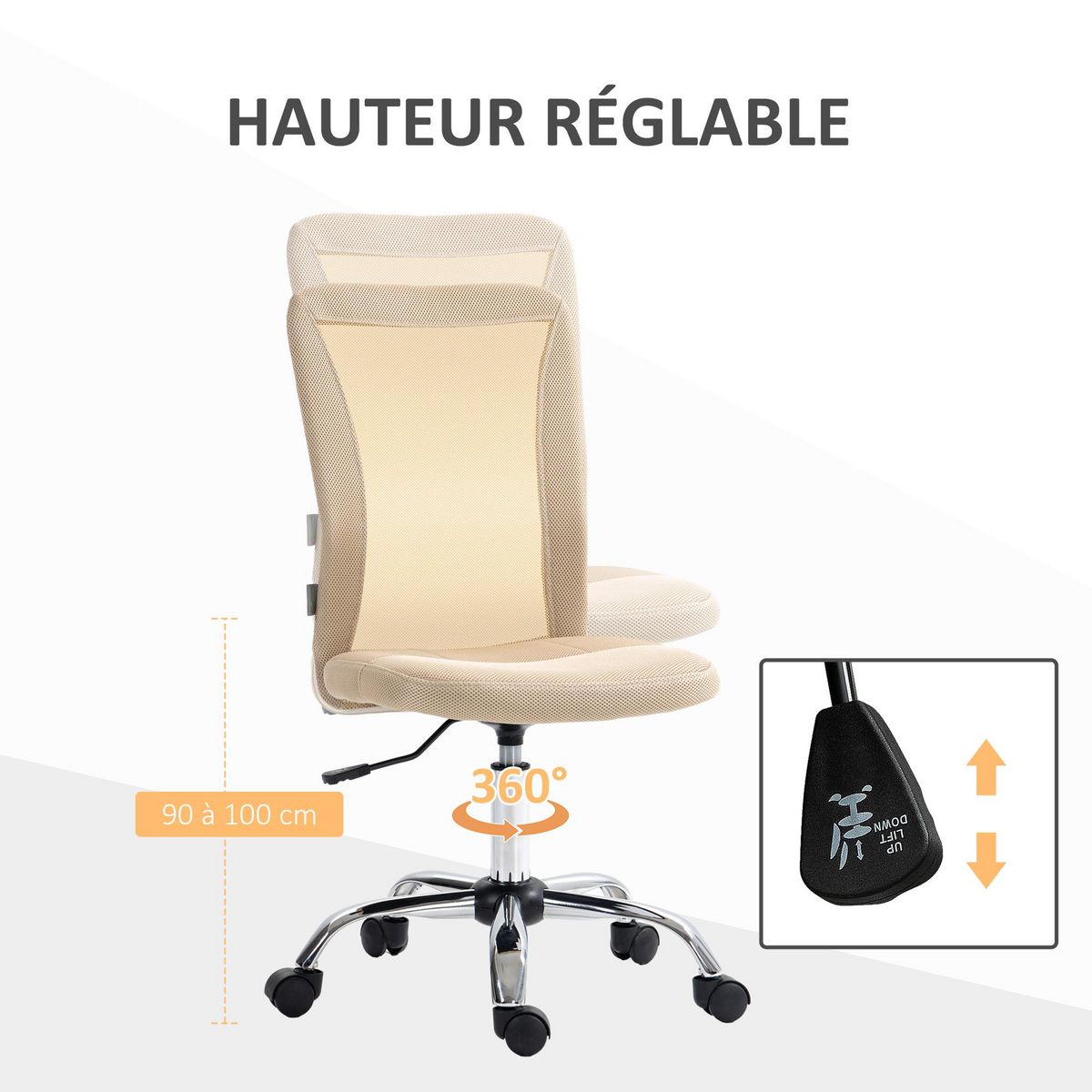 VINSETTO Vinsetto Chaise de bureau ergonomique hauteur réglable piètement chromé pivotant 360° revêtement maille beige