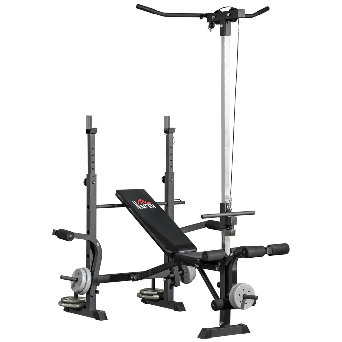 HOMCOM Banc de musculation complet multifonction réglable - poulie, support haltères, écarté pectoraux, banc - noir