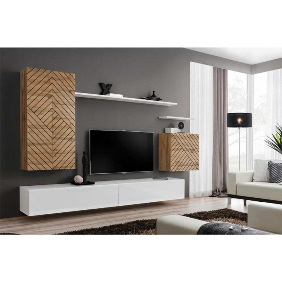 Paris Prix Ensemble Meuble TV  Switch Lamel II  270cm Blanc & Naturel
