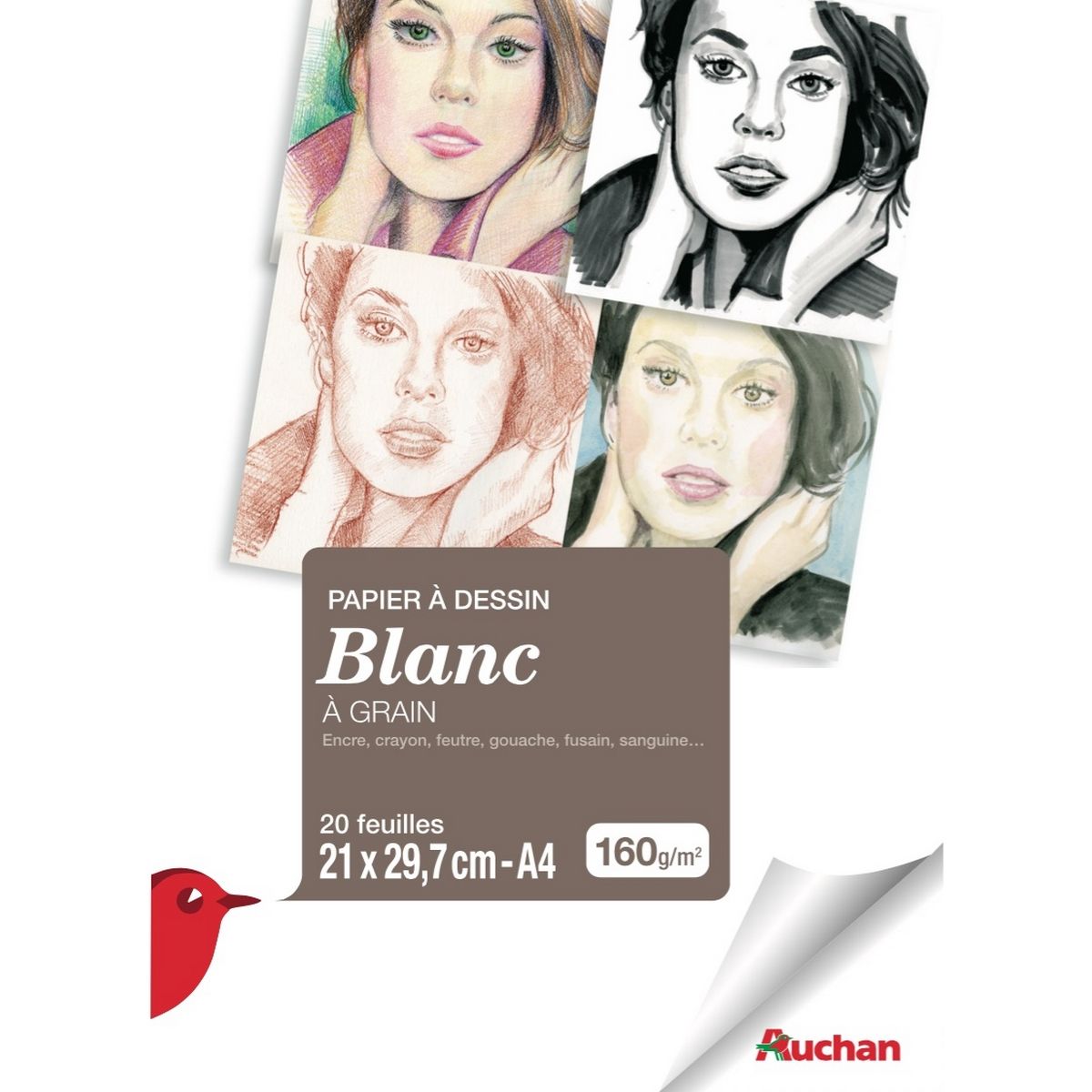 AUCHAN Pochette de 20 papier à dessin - A4 - 160g - blanc
