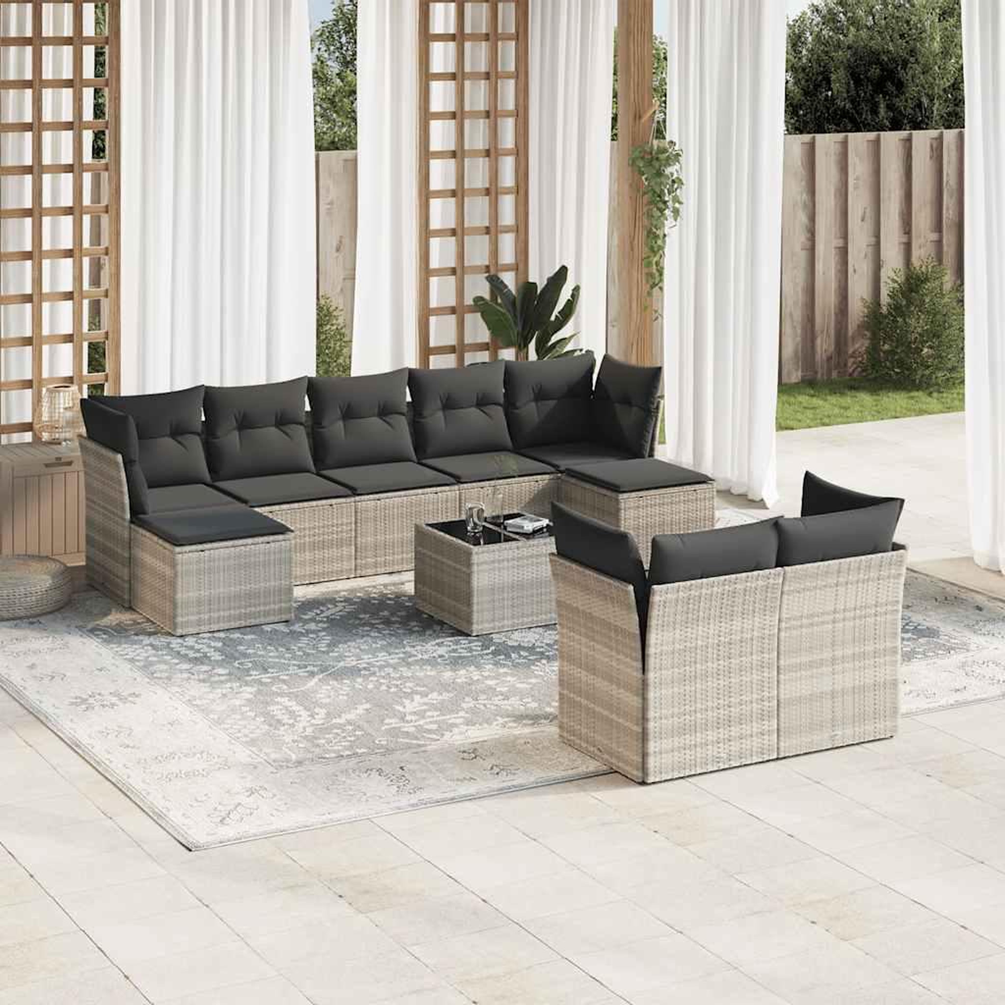 VIDAXL Salon de jardin avec coussins 10 pcs gris clair resine tressee