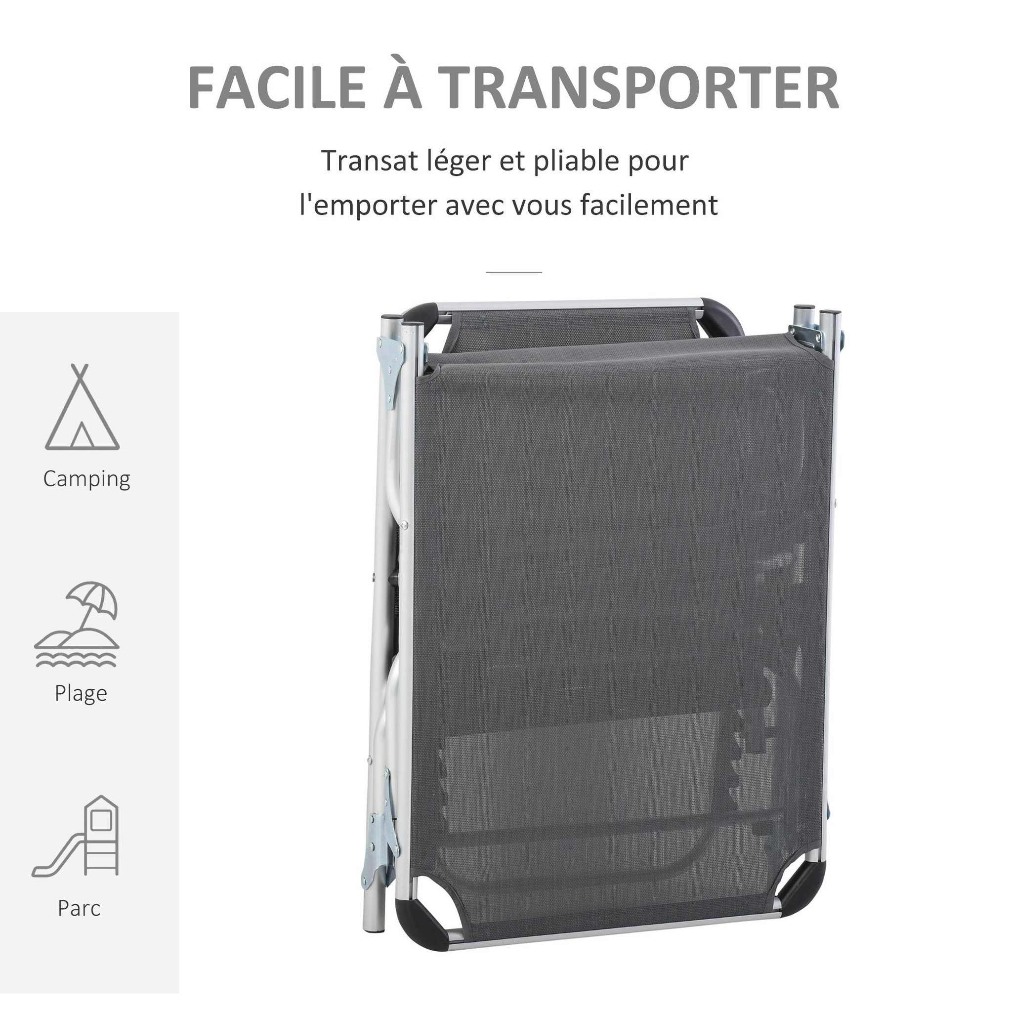 Voir la diapositive 6 : OUTSUNNY Bain de soleil transat pliable grand confort dossier réglable multi-position tétière alu. textilène gris