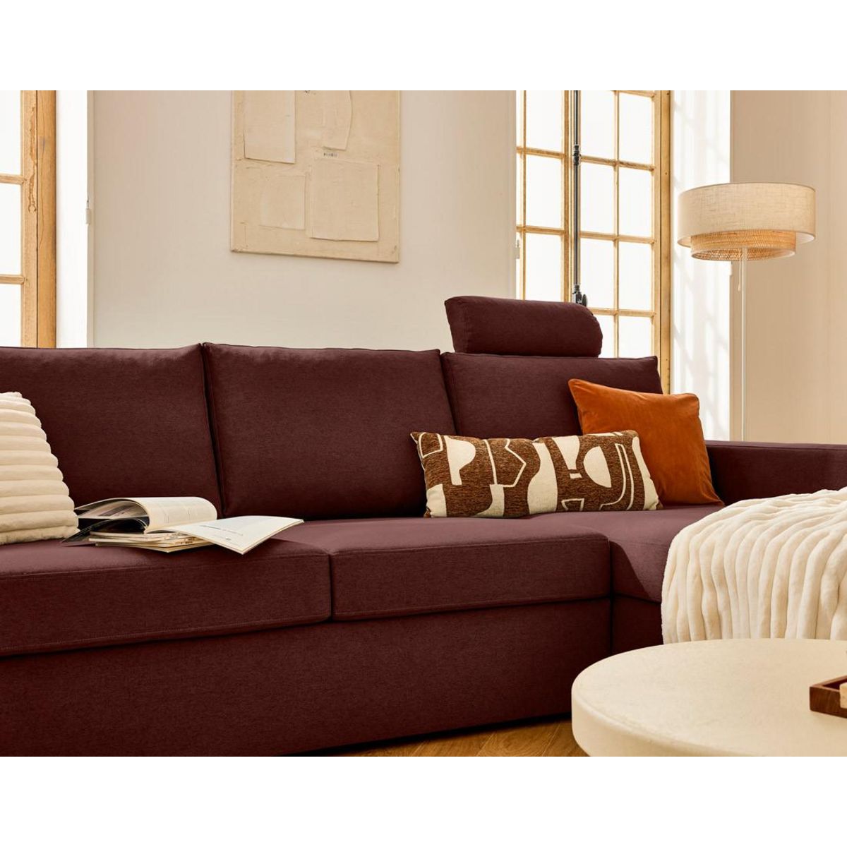 BEST MOBILIER Barrie - canapé d'angle réversible 4 places avec têtière amovible en tissu