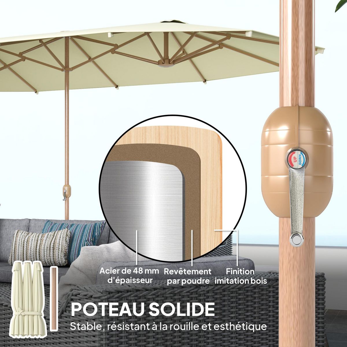 OUTSUNNY Parasol de jardin style exotique XXL dim. 455 x 265 cm ouverture fermeture manivelle acier effet bois tissu beige clair