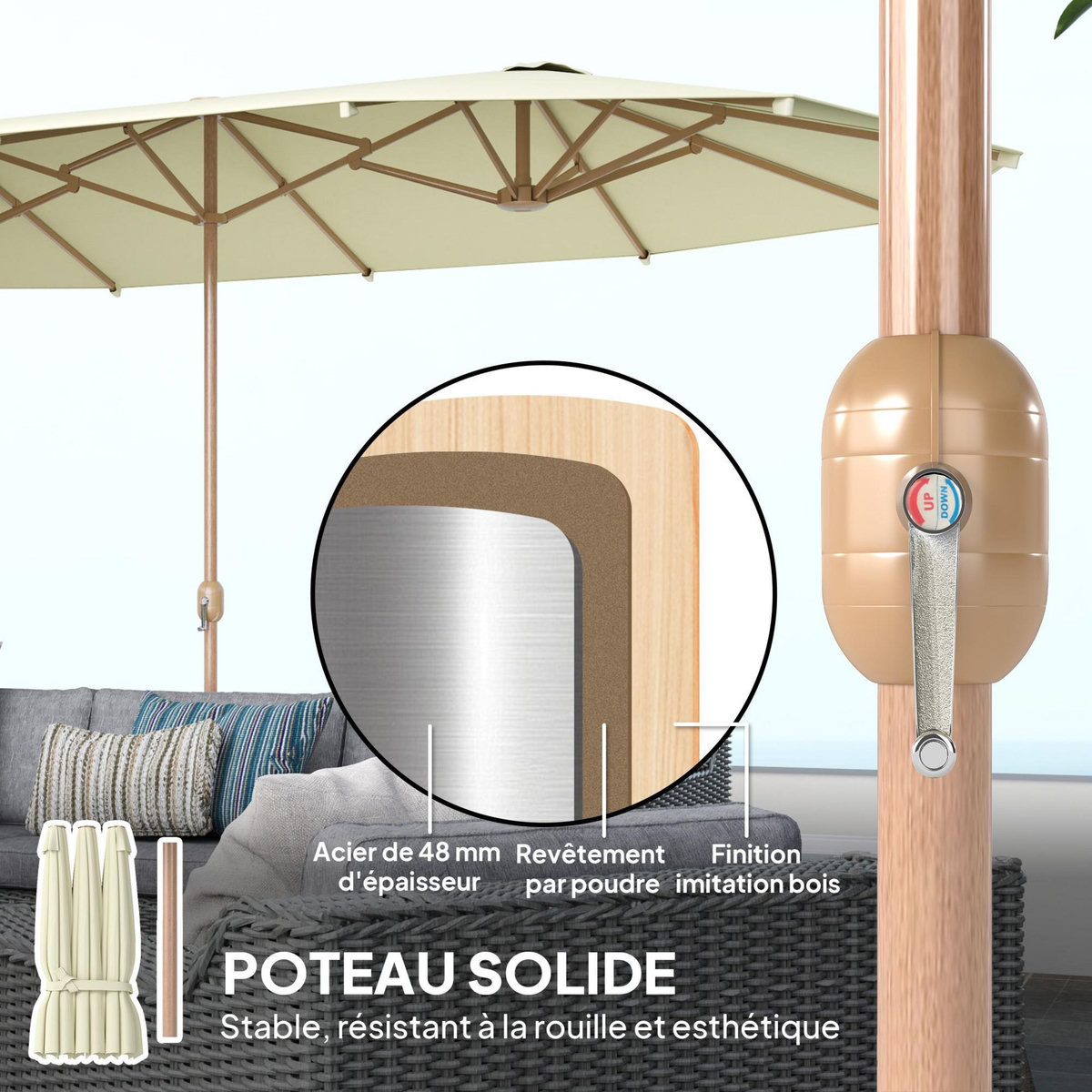 OUTSUNNY Parasol de jardin style exotique XXL dim. 455 x 265 cm ouverture fermeture manivelle acier effet bois tissu beige clair