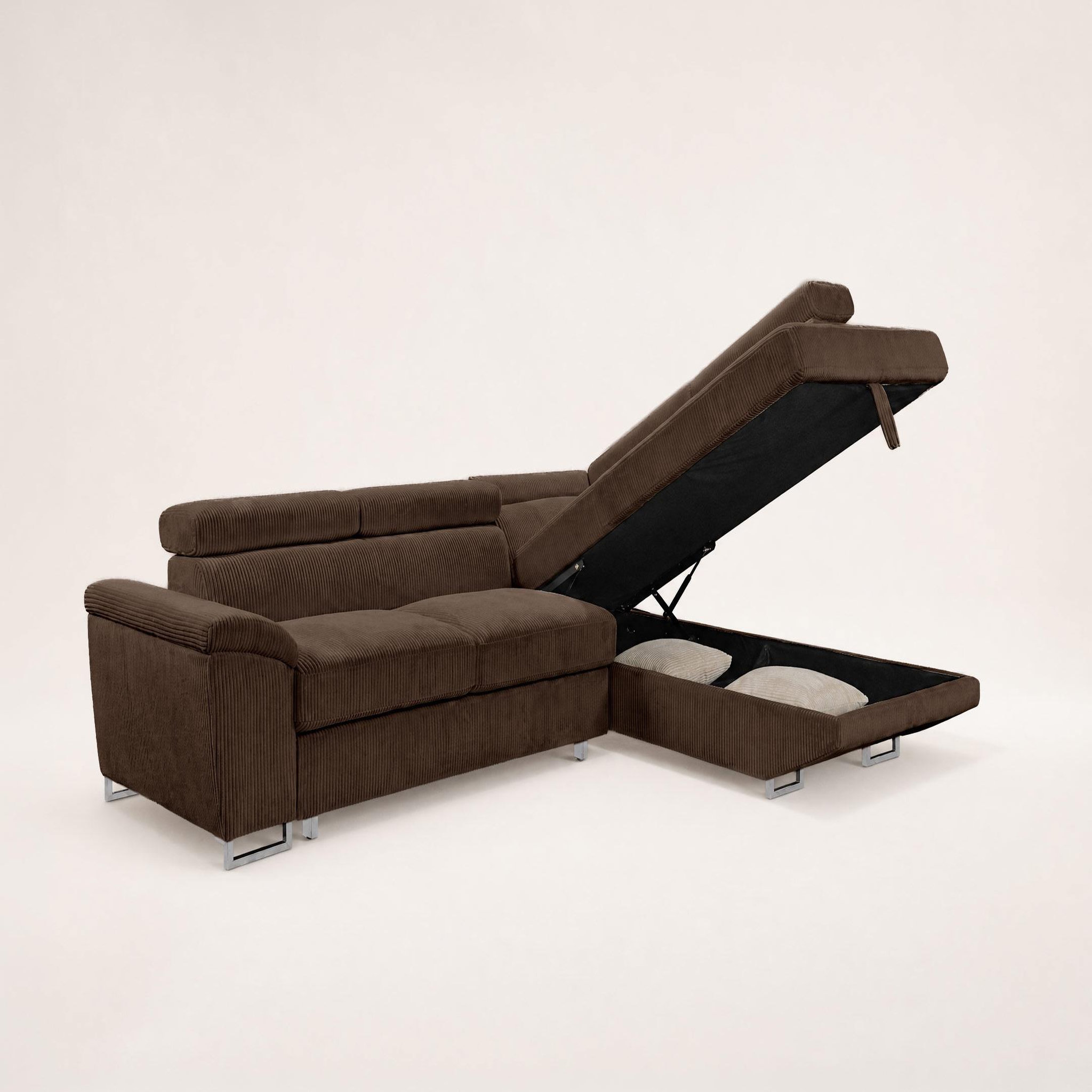 Voir la diapositive 5 : BEST MOBILIER Baoji - canapé d'angle droit 5 places convertible avec têtières et coffre en velours côtelé