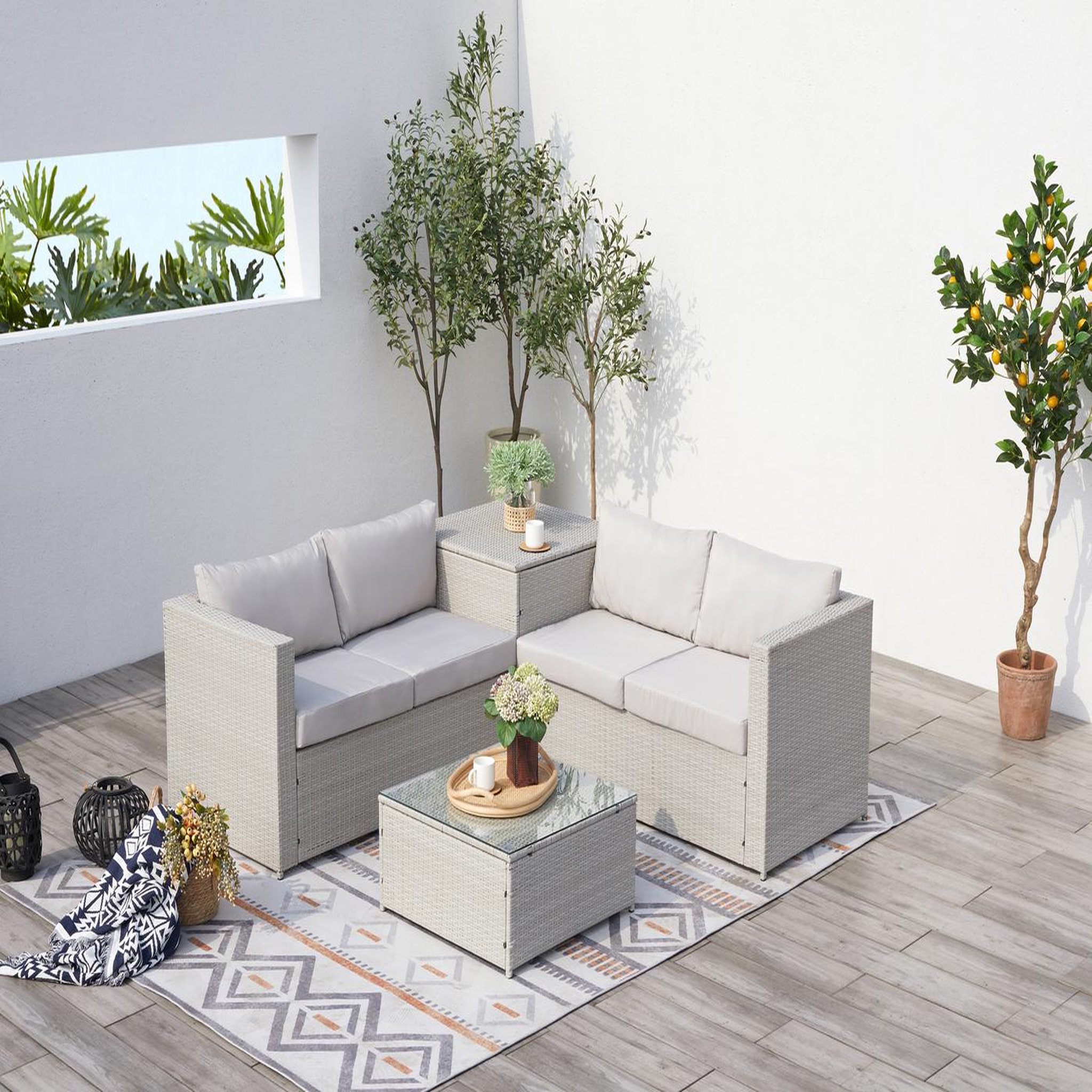 Voir la diapositive 2 : CONCEPT USINE Salon de jardin en résine tressée 4 places avec coffre gris clair silang