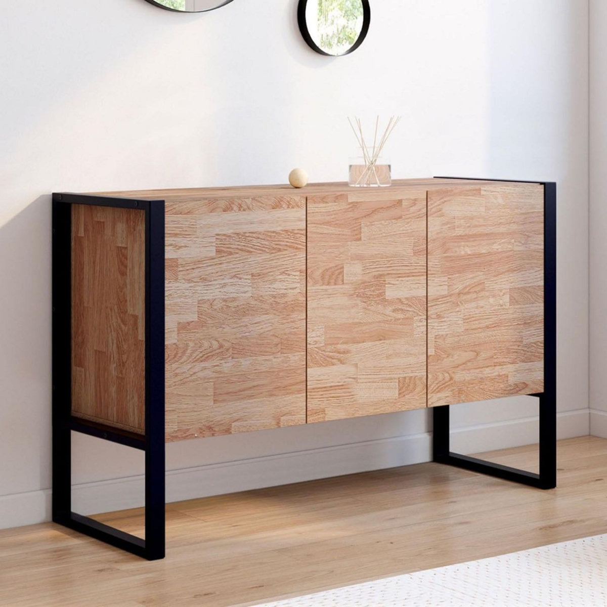 ID MARKET Buffet surélevé 110 cm OTTAWA 3 portes bois et noir design industriel