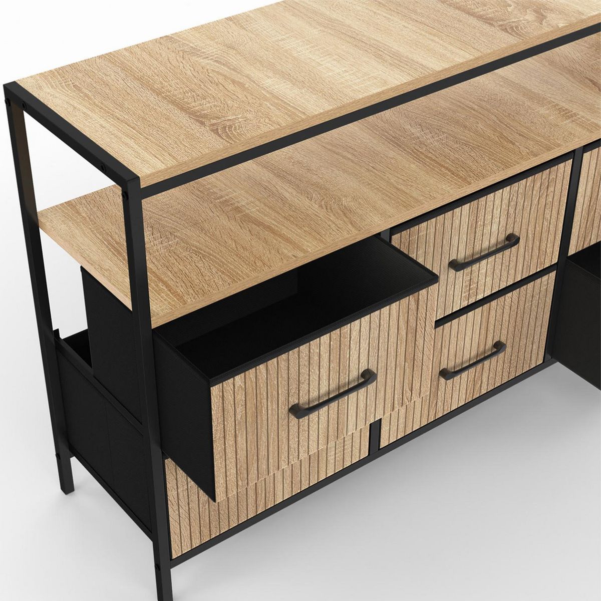 ID MARKET Commode 6 tiroirs en tissu UTAH 115 CM avec niche effet lattes meuble de rangement design industriel