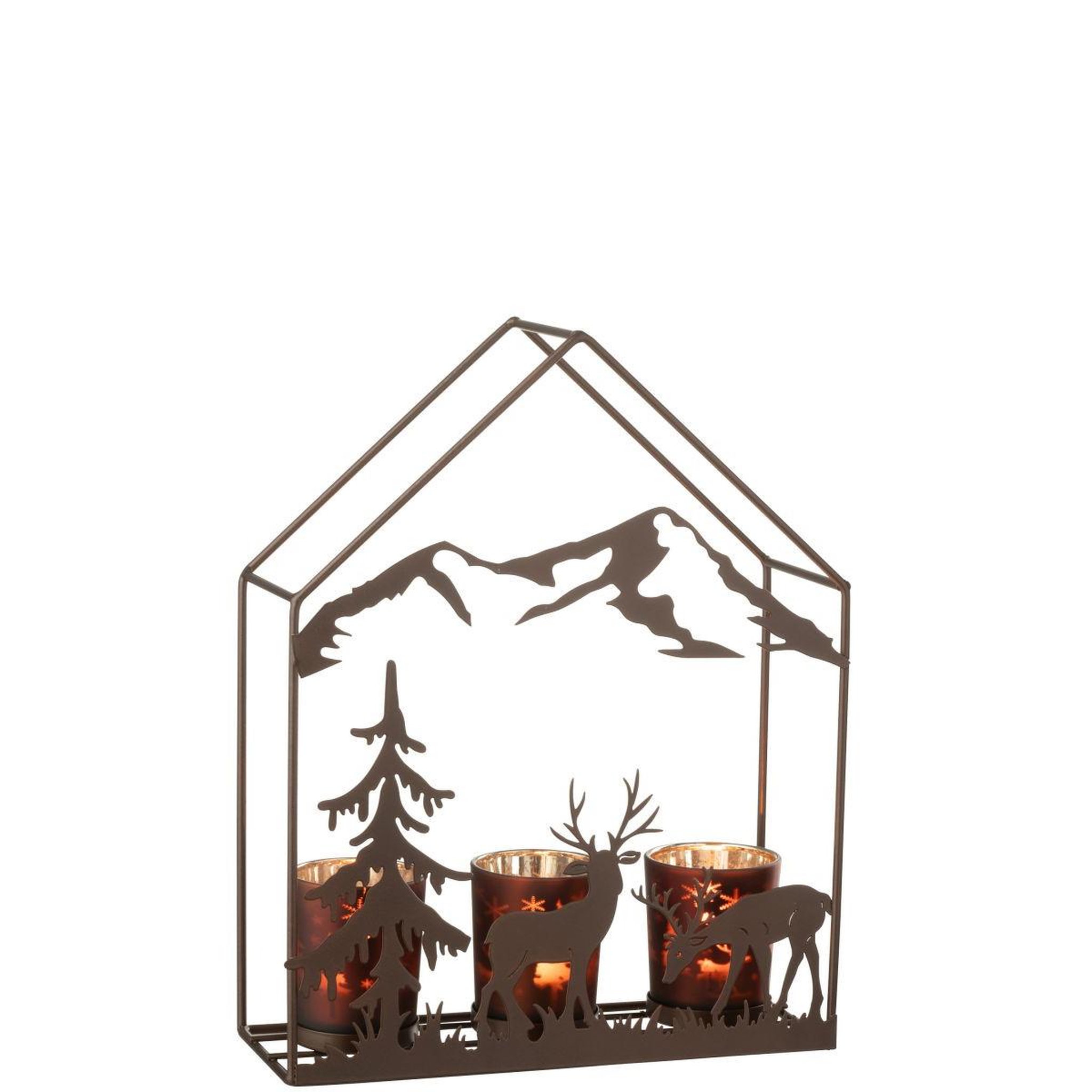Voir la diapositive 2 : J-LINE Photophore Maison en Métal  Chalet  29cm Marron