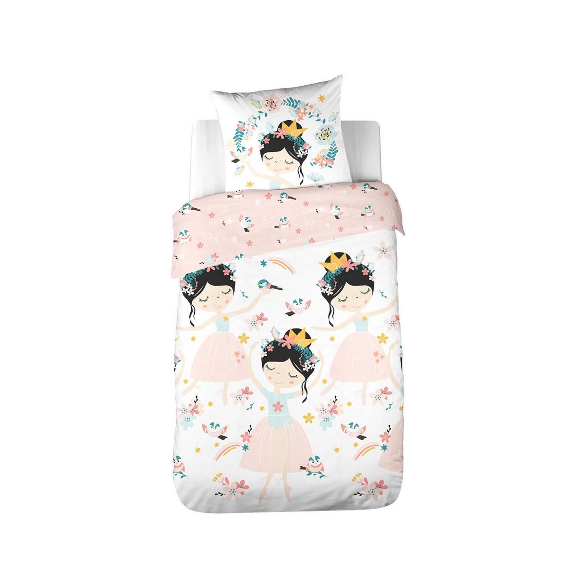 SWEEEK Parure de lit réversible 1 place imprimé princesse et oiseaux en polycoton. 1 housse de couette et 1 oreiller