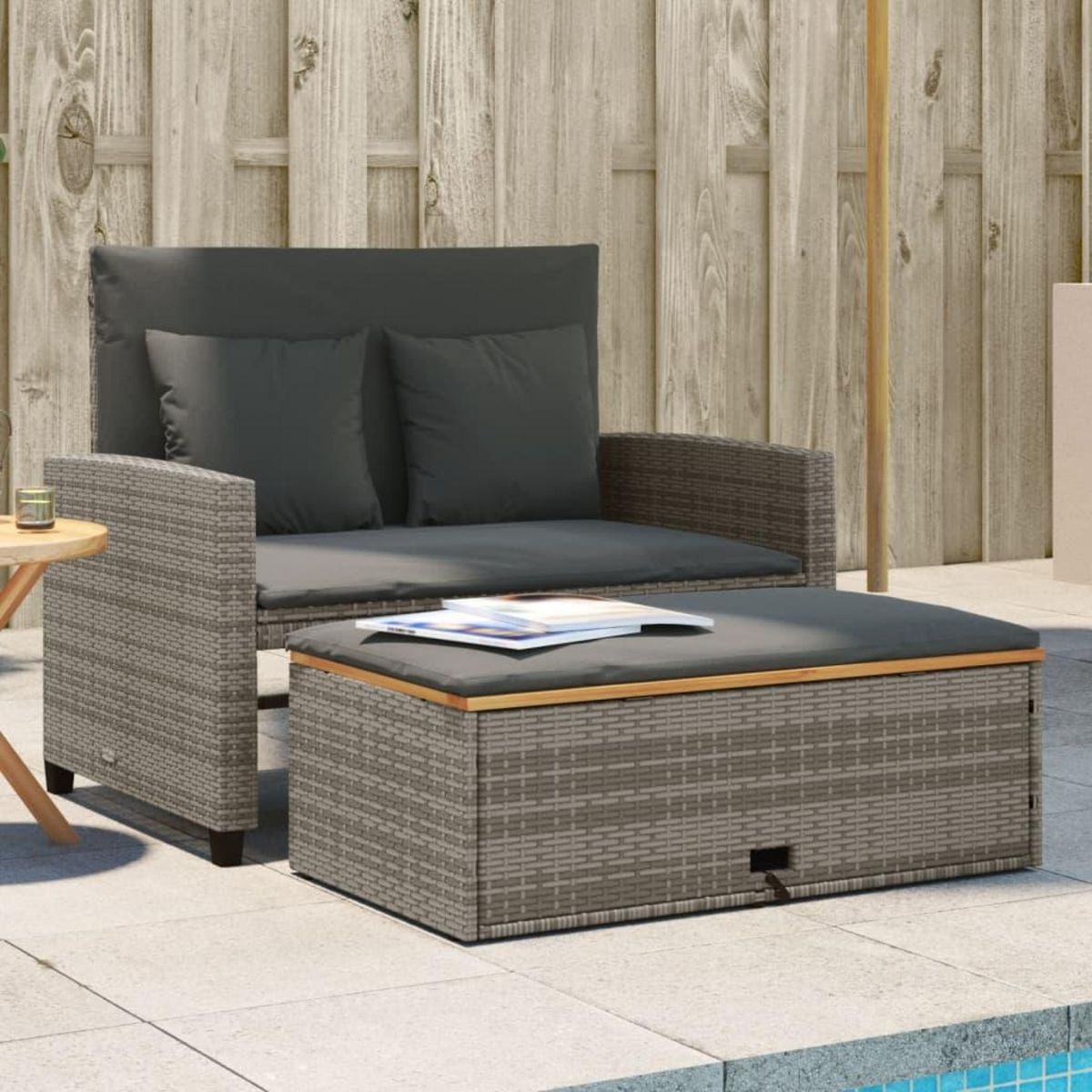 VIDAXL Canape de jardin 2 places coussins gris resine tressee&acacia