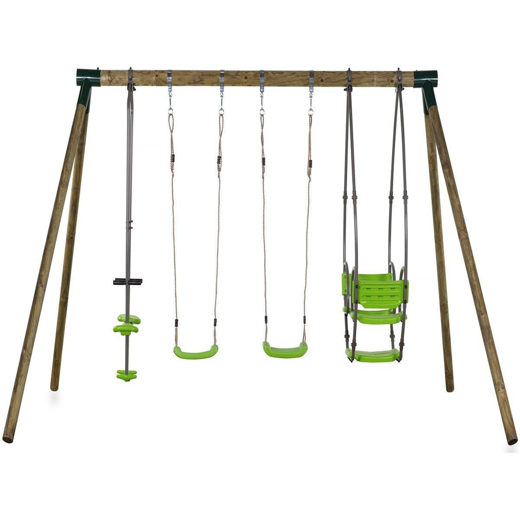Voir la diapositive 2 : Habitat et Jardin Portique bois  Nelio  - Avec 2 balançoires , 1 vis-à-vis et 1 nacelle.
