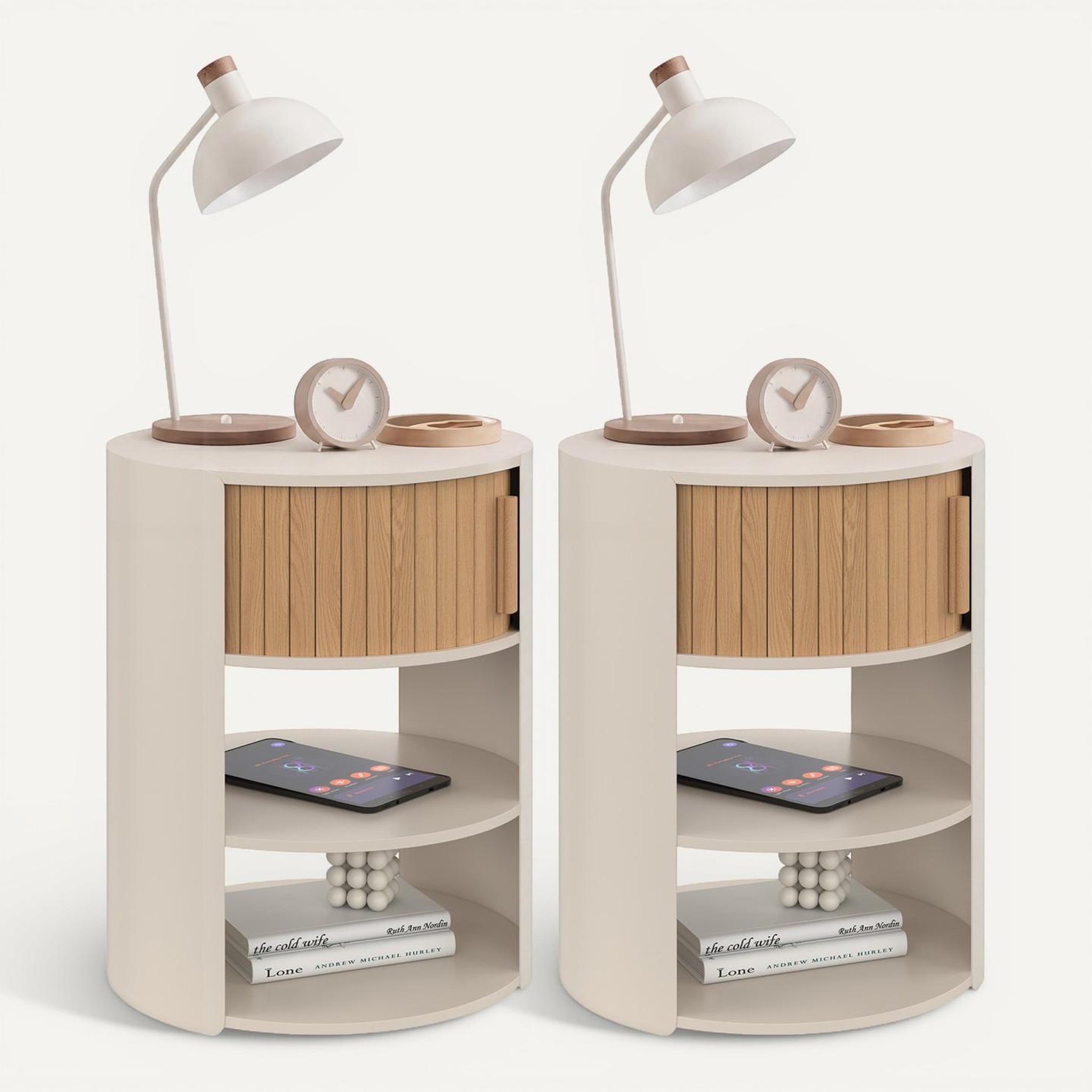 Voir la diapositive 6 : ID MARKET Lot de 2 tables de chevet rondes tono beige avec 1 porte coulissante effet lattes table d'appoint